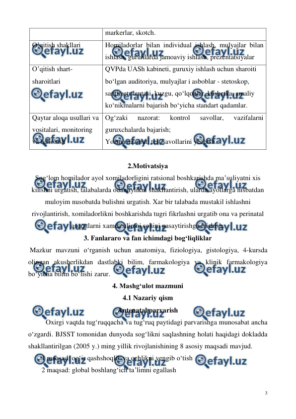  
3 
 
markerlar, skotch. 
O’qitish shakllari 
Homiladorlar bilan individual ishlash, mulyajlar bilan 
ishlash, guruhlarda jamoaviy ishlash, prezentatsiyalar 
O’qitish shart- 
sharoitlari 
QVPda UASh kabineti, guruxiy ishlash uchun sharoiti 
bo‘lgan auditoriya, mulyajlar i asboblar - stetoskop, 
santimetr lentasi, kuzgu, qo‘lqoplar, kushetka, amaliy 
ko‘nikmalarni bajarish bo‘yicha standart qadamlar. 
Qaytar aloqa usullari va 
vositalari, monitoring 
va baholash  
Og‘zaki 
nazorat: 
kontrol 
savollar, 
vazifalarni 
guruxchalarda bajarish; 
Yozma nazorat: test savollarini yechish. 
 
2.Motivatsiya  
Sog‘lom homilador ayol xomiladorligini ratsional boshkarishda ma’suliyatni xis 
kilishni urgatish, talabalarda odamiylikni shakllantirish, ularda ayollarga nisbatdan 
muloyim nusobatda bulishni urgatish. Xar bir talabada mustakil ishlashni 
rivojlantirish, xomiladorlikni boshkarishda tugri fikrlashni urgatib ona va perinatal 
asoratlarni xamda ulimni sonini pasaytirishga erishish.  
3. Fanlararo va fan ichimdagi bog‘liqliklar 
 Mazkur mavzuni o‘rganish uchun anatomiya, fiziologiya, gistologiya, 4-kursda 
olingan akusherlikdan dastlabki bilim, farmakologiya va klinik farmakologiya 
bo‘yicha bilim bo‘lishi zarur. 
4. Mashg‘ulot mazmuni 
4.1 Nazariy qism 
Antenatal parvarish 
 Oxirgi vaqtda tug‘ruqqacha va tug‘ruq paytidagi parvarishga munosabat ancha 
o‘zgardi. BJSST tomonidan dunyoda sog‘likni saqlashning holati haqidagi dokladda 
shakllantirilgan (2005 y.) ming yillik rivojlanishining 8 asosiy maqsadi mavjud. 
1 maqsad: og‘ir qashshoqlik va ochlikni yengib o‘tish 
2 maqsad: global boshlang‘ich ta’limni egallash 
