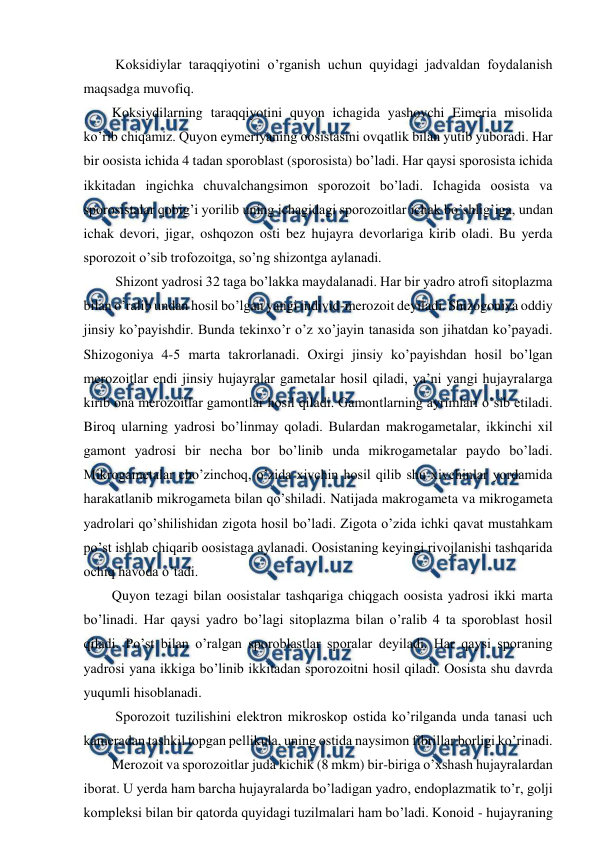  
 
 Koksidiylar taraqqiyotini o’rganish uchun quyidagi jadvaldan foydalanish 
maqsadga muvofiq. 
Koksiydilarning taraqqiyotini quyon ichagida yashovchi Eimeria misolida 
ko’rib chiqamiz. Quyon eymeriyaning oosistasini ovqatlik bilan yutib yuboradi. Har 
bir oosista ichida 4 tadan sporoblast (sporosista) bo’ladi. Har qaysi sporosista ichida 
ikkitadan ingichka chuvalchangsimon sporozoit bo’ladi. Ichagida oosista va 
sporosistalar qobig’i yorilib uning ichagidagi sporozoitlar ichak bo’shlig’iga, undan 
ichak devori, jigar, oshqozon osti bez hujayra devorlariga kirib oladi. Bu yerda 
sporozoit o’sib trofozoitga, so’ng shizontga aylanadi. 
 Shizont yadrosi 32 taga bo’lakka maydalanadi. Har bir yadro atrofi sitoplazma 
bilan o’ralib undan hosil bo’lgan yangi individ-merozoit deyiladi. Shizogoniya oddiy 
jinsiy ko’payishdir. Bunda tekinxo’r o’z xo’jayin tanasida son jihatdan ko’payadi. 
Shizogoniya 4-5 marta takrorlanadi. Oxirgi jinsiy ko’payishdan hosil bo’lgan 
merozoitlar endi jinsiy hujayralar gametalar hosil qiladi, ya’ni yangi hujayralarga 
kirib ona merozoitlar gamontlar hosil qiladi. Gamontlarning ayrimlari o’sib etiladi. 
Biroq ularning yadrosi bo’linmay qoladi. Bulardan makrogametalar, ikkinchi xil 
gamont yadrosi bir necha bor bo’linib unda mikrogametalar paydo bo’ladi. 
Mikrogametalar cho’zinchoq, o’zida xivchin hosil qilib shu xivchinlar yordamida 
harakatlanib mikrogameta bilan qo’shiladi. Natijada makrogameta va mikrogameta 
yadrolari qo’shilishidan zigota hosil bo’ladi. Zigota o’zida ichki qavat mustahkam 
po’st ishlab chiqarib oosistaga aylanadi. Oosistaning keyingi rivojlanishi tashqarida 
ochiq havoda o’tadi.  
Quyon tezagi bilan oosistalar tashqariga chiqgach oosista yadrosi ikki marta 
bo’linadi. Har qaysi yadro bo’lagi sitoplazma bilan o’ralib 4 ta sporoblast hosil 
qiladi. Po’st bilan o’ralgan sporoblastlar sporalar deyiladi. Har qaysi sporaning 
yadrosi yana ikkiga bo’linib ikkitadan sporozoitni hosil qiladi. Oosista shu davrda 
yuqumli hisoblanadi. 
 Sporozoit tuzilishini elektron mikroskop ostida ko’rilganda unda tanasi uch 
kameradan tashkil topgan pellikula, uning ostida naysimon fibrillar borligi ko’rinadi.  
Merozoit va sporozoitlar juda kichik (8 mkm) bir-biriga o’xshash hujayralardan 
iborat. U yerda ham barcha hujayralarda bo’ladigan yadro, endoplazmatik to’r, golji 
kompleksi bilan bir qatorda quyidagi tuzilmalari ham bo’ladi. Konoid - hujayraning 
