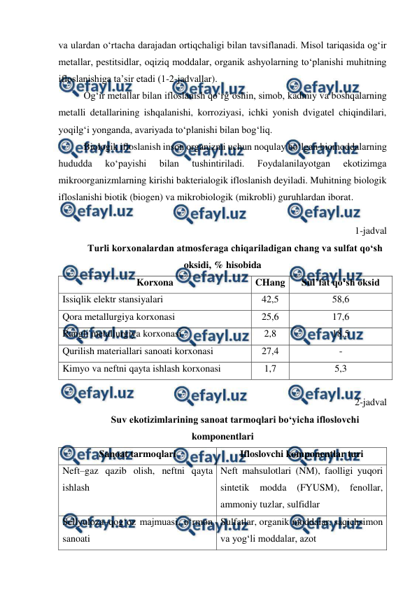  
 
va ulardan o‘rtacha darajadan ortiqchaligi bilan tavsiflanadi. Misol tariqasida og‘ir 
metallar, pestitsidlar, oqiziq moddalar, organik ashyolarning to‘planishi muhitning 
ifloslanishiga ta’sir etadi (1-2-jadvallar). 
Og‘ir metallar bilan ifloslanish qo‘rg‘oshin, simob, kadmiy va boshqalarning 
metalli detallarining ishqalanishi, korroziyasi, ichki yonish dvigatel chiqindilari, 
yoqilg‘i yonganda, avariyada to‘planishi bilan bog‘liq. 
Biologik ifloslanish inson organizmi uchun noqulay bo‘lgan biomoddalarning 
hududda 
ko‘payishi 
bilan 
tushintiriladi. 
Foydalanilayotgan 
ekotizimga 
mikroorganizmlarning kirishi bakterialogik ifloslanish deyiladi. Muhitning biologik 
ifloslanishi biotik (biogen) va mikrobiologik (mikrobli) guruhlardan iborat. 
 
1-jadval 
Turli korxonalardan atmosferaga chiqariladigan chang va sulfat qo‘sh 
oksidi, % hisobida 
Korxona  
CHang  
Sul’fat qo‘sh oksid 
Issiqlik elektr stansiyalari 
42,5 
58,6 
Qora metallurgiya korxonasi 
25,6 
17,6 
Rangli metallurgiya korxonasi 
2,8 
18,5 
Qurilish materiallari sanoati korxonasi 
27,4 
- 
Kimyo va neftni qayta ishlash korxonasi 
1,7 
5,3 
 
2-jadval 
Suv ekotizimlarining sanoat tarmoqlari bo‘yicha ifloslovchi 
komponentlari 
Sanoat tarmoqlari 
Ifloslovchi komponentlar turi 
Neft–gaz qazib olish, neftni qayta 
ishlash 
Neft mahsulotlari (NM), faolligi yuqori 
sintetik 
modda 
(FYUSM), 
fenollar, 
ammoniy tuzlar, sulfidlar 
Sellyuloza–qog‘oz majmuasi, o‘rmon 
sanoati 
Sulfatlar, organik moddalar, saqichsimon 
va yog‘li moddalar, azot 
