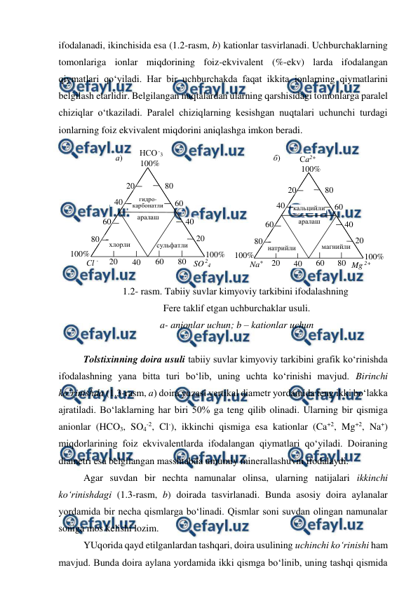  
 
 
ifodalanadi, ikinchisida esa (1.2-rasm, b) kationlar tasvirlanadi. Uchburchaklarning 
tomonlariga ionlar miqdorining foiz-ekvivalent (%-ekv) larda ifodalangan 
qiymatlari qo‘yiladi. Har bir uchburchakda faqat ikkita ionlarning qiymatlarini 
belgilash etarlidir. Belgilangan nuqtalardan ularning qarshisidagi tomonlarga paralel 
chiziqlar o‘tkaziladi. Paralel chiziqlarning kesishgan nuqtalari uchunchi turdagi 
ionlarning foiz ekvivalent miqdorini aniqlashga imkon beradi. 
 
1.2- rasm. Tabiiy suvlar kimyoviy tarkibini ifodalashning 
 Fere taklif etgan uchburchaklar usuli. 
 a- anionlar uchun; b – kationlar uchun 
 
Tolstixinning doira usuli tabiiy suvlar kimyoviy tarkibini grafik ko‘rinishda 
ifodalashning yana bitta turi bo‘lib, uning uchta ko‘rinishi mavjud. Birinchi 
ko‘rinishda (1.3-rasm, a) doira yuzasi vertikal diametr yordamida teng ikki bo‘lakka 
ajratiladi. Bo‘laklarning har biri 50% ga teng qilib olinadi. Ularning bir qismiga 
anionlar (HCO3, SO4-2, Cl-), ikkinchi qismiga esa kationlar (Ca+2, Mg+2, Na+) 
miqdorlarining foiz ekvivalentlarda ifodalangan qiymatlari qo‘yiladi. Doiraning 
diametri esa belgilangan masshtabda umumiy minerallashuvni ifodalaydi. 
Agar suvdan bir nechta namunalar olinsa, ularning natijalari ikkinchi 
ko‘rinishdagi (1.3-rasm, b) doirada tasvirlanadi. Bunda asosiy doira aylanalar 
yordamida bir necha qismlarga bo‘linadi. Qismlar soni suvdan olingan namunalar 
soniga mos kelishi lozim.  
YUqorida qayd etilganlardan tashqari, doira usulining uchinchi ko‘rinishi ham 
mavjud. Bunda doira aylana yordamida ikki qismga bo‘linib, uning tashqi qismida 
 сульфатли 
Сl -  
гидро-
карбонатли 
  100% 
100% 
40 
 20 
80 
 60 
80 
 60 
40 
 20 
80 
 60 
 20 
40 
 100% 
аралаш 
хлорли 
НСО -3 
SO 24  
кальцийли 
  100% 
100% 
40 
 20 
80 
 60 
80 
 60 
40 
 20 
80 
 60 
 20 
40 
 100% 
аралаш 
натрийли 
 магнийли 
Са2+ 
Na+  
Mg 2+  
б) 
а) 
