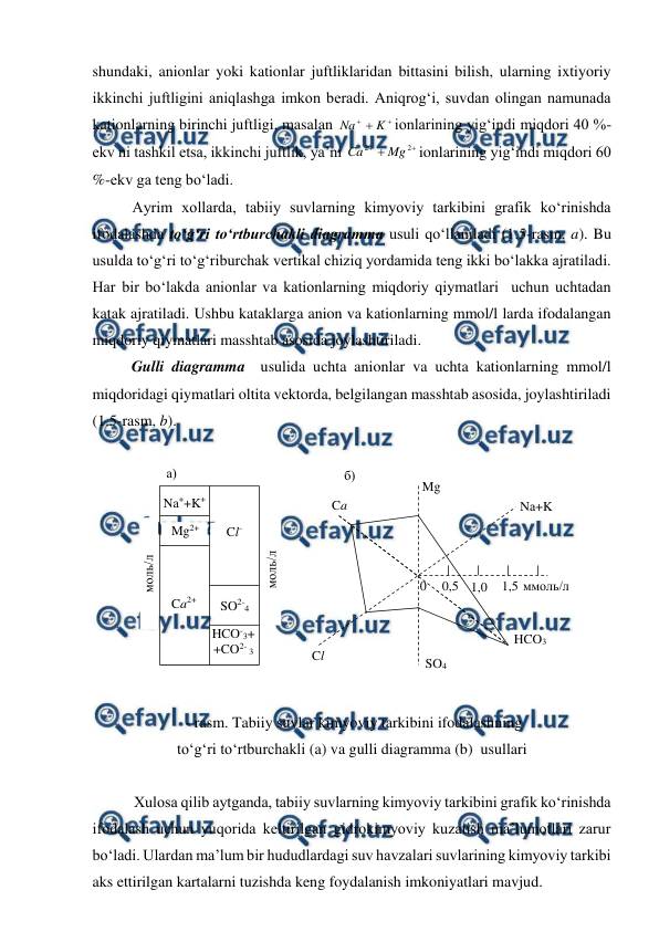  
 
 
shundaki, anionlar yoki kationlar juftliklaridan bittasini bilish, ularning ixtiyoriy 
ikkinchi juftligini aniqlashga imkon beradi. Aniqrog‘i, suvdan olingan namunada 
kationlarning birinchi juftligi, masalan 

K
Na
ionlarining yig‘indi miqdori 40 %-
ekv ni tashkil etsa, ikkinchi juftlik, ya’ni 


2
2
Mg
Ca
ionlarining yig‘indi miqdori 60 
%-ekv ga teng bo‘ladi. 
Ayrim xollarda, tabiiy suvlarning kimyoviy tarkibini grafik ko‘rinishda 
ifodalashda to‘g‘ri to‘rtburchakli diagramma usuli qo‘llaniladi (1.5-rasm, a). Bu 
usulda to‘g‘ri to‘g‘riburchak vertikal chiziq yordamida teng ikki bo‘lakka ajratiladi. 
Har bir bo‘lakda anionlar va kationlarning miqdoriy qiymatlari  uchun uchtadan 
katak ajratiladi. Ushbu kataklarga anion va kationlarning mmol/l larda ifodalangan 
miqdoriy qiymatlari masshtab asosida joylashtiriladi.  
Gulli diagramma  usulida uchta anionlar va uchta kationlarning mmol/l 
miqdoridagi qiymatlari oltita vektorda, belgilangan masshtab asosida, joylashtiriladi 
(1.5-rasm, b).  
 
 
 
 - rasm. Tabiiy suvlar kimyoviy tarkibini ifodalashning  
to‘g‘ri to‘rtburchakli (a) va gulli diagramma (b)  usullari 
 
Xulosa qilib aytganda, tabiiy suvlarning kimyoviy tarkibini grafik ko‘rinishda 
ifodalash uchun yuqorida keltirilgan gidrokimyoviy kuzatish ma’lumotlari zarur 
bo‘ladi. Ulardan ma’lum bir hududlardagi suv havzalari suvlarining kimyoviy tarkibi 
aks ettirilgan kartalarni tuzishda keng foydalanish imkoniyatlari mavjud.   
Mg  
Cl  
 SO4 
HCO3 
0 
0,5 1,0 
1,5 ммоль/л 
Nа+K 
Ca   
б) 
а) 
моль/л 
Nа++K+ 
Mg2+ 
 
Ca2+ 
HCO-3+ 
+CO2- 3 
Cl- 
 
SO2-4 
моль/л 
