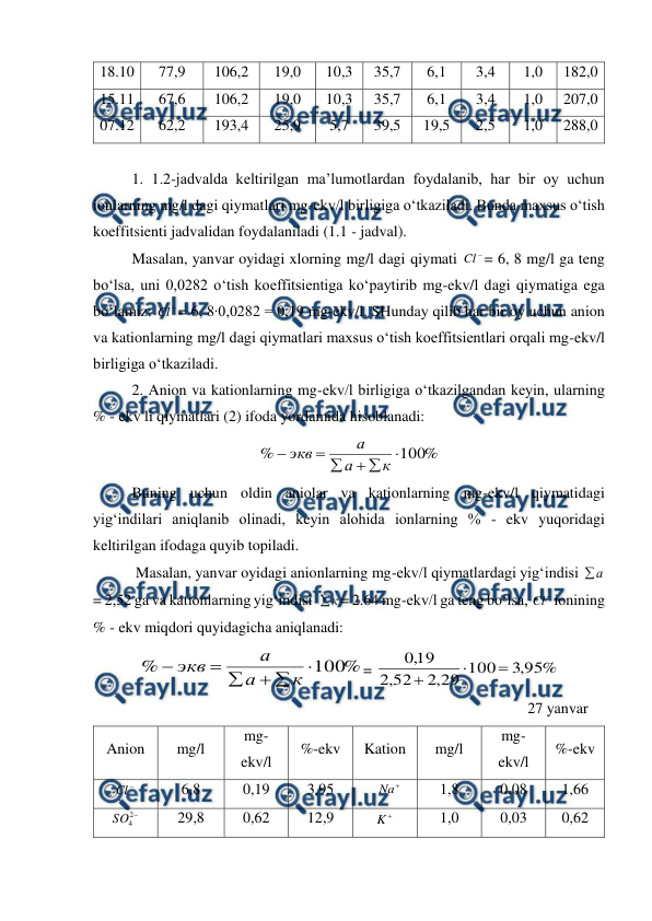  
 
18.10 
77,9 
106,2 
19,0 
10,3 
35,7 
6,1 
3,4 
1,0 
182,0 
15.11 
67,6 
106,2 
19,0 
10,3 
35,7 
6,1 
3,4 
1,0 
207,0 
07.12 
62,2 
193,4 
25,9 
5,7 
39,5 
19,5 
2,5 
1,0 
288,0 
 
 
1. 1.2-jadvalda keltirilgan ma’lumotlardan foydalanib, har bir oy uchun 
ionlarning mg/l dagi qiymatlari mg-ekv/l birligiga o‘tkaziladi. Bunda maxsus o‘tish 
koeffitsienti jadvalidan foydalaniladi (1.1 - jadval).  
 
Masalan, yanvar oyidagi xlorning mg/l dagi qiymati 

Cl = 6, 8 mg/l ga teng 
bo‘lsa, uni 0,0282 o‘tish koeffitsientiga ko‘paytirib mg-ekv/l dagi qiymatiga ega 
bo‘lamiz: 

Cl = 6, 8∙0,0282 = 0,19 mg-ekv/l. SHunday qilib har bir oy uchun anion 
va kationlarning mg/l dagi qiymatlari maxsus o‘tish koeffitsientlari orqali mg-ekv/l 
birligiga o‘tkaziladi. 
 
2. Anion va kationlarning mg-ekv/l birligiga o‘tkazilgandan keyin, ularning 
% - ekv li qiymatlari (2) ifoda yordamida hisoblanadi: 
%
100
%






к
а
а
экв
 
 
Buning uchun oldin aniolar va kationlarning mg-ekv/l qiymatidagi 
yig‘indilari aniqlanib olinadi, keyin alohida ionlarning % - ekv yuqoridagi 
keltirilgan ifodaga quyib topiladi. 
 Masalan, yanvar oyidagi anionlarning mg-ekv/l qiymatlardagi yig‘indisi 
а

= 2,52 ga va kationlarning yig‘indisi  
к
= 2.64 mg-ekv/l ga teng bo‘lsa, 

Cl ionining 
% - ekv miqdori quyidagicha aniqlanadi: 
%
100
%






к
а
а
экв
= 
%
95
,
3
100
29
,
2
52
,
2
19
,
0



 
27 yanvar 
 
Anion 
mg/l 
mg-
ekv/l 
%-ekv 
Kation 
mg/l 
mg-
ekv/l 
%-ekv 

Cl  
6,8 
0,19 
3,95 

Na
 
1,8 
0,08 
1,66 

2
4
SO
 
29,8 
0,62 
12,9 

K
 
1,0 
0,03 
0,62 
