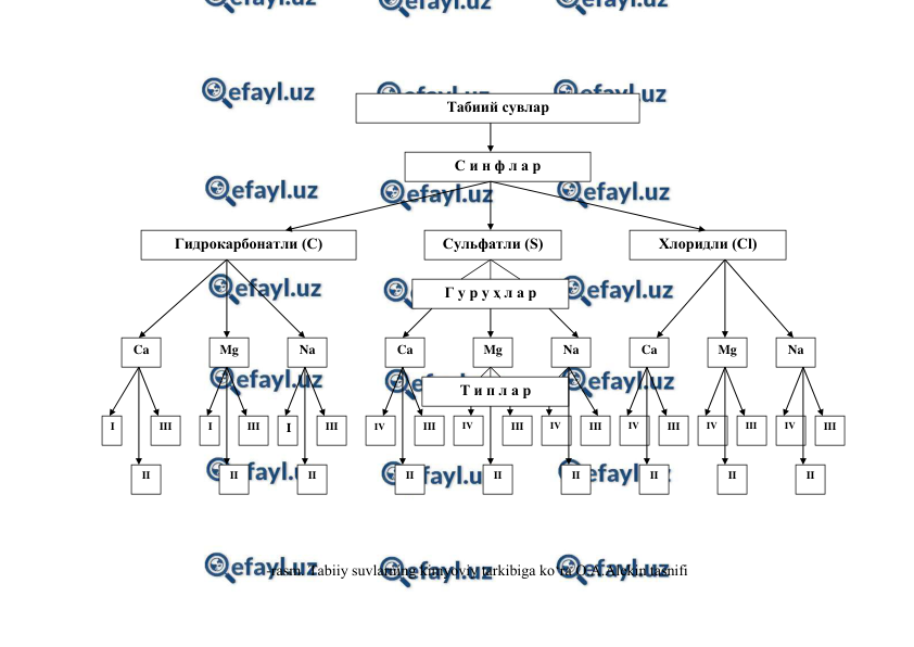  
 
 
 
-rasm. Tabiiy suvlarning kimyoviy tarkibiga ko‘ra O.A.Alekin tasnifi  
Табиий сувлар 
 
С и н ф л а р 
Гидрокарбонатли (C) 
Сульфатли (S) 
Хлоридли (Cl) 
Ca 
Na 
Mg 
Ca 
Na 
Mg 
Ca 
Mg 
Na 
IV 
III 
 
II 
 
I 
III 
II 
I 
III 
 
II 
I 
III 
 
II 
 
IV 
 
III 
 
II 
 
IV 
 
III 
 
II 
 
IV 
 
III 
 
II 
 
IV 
 
III 
 
II 
 
IV 
 
III 
 
II 
 
Т и п л а р 
Г у р у ҳ л а р 
