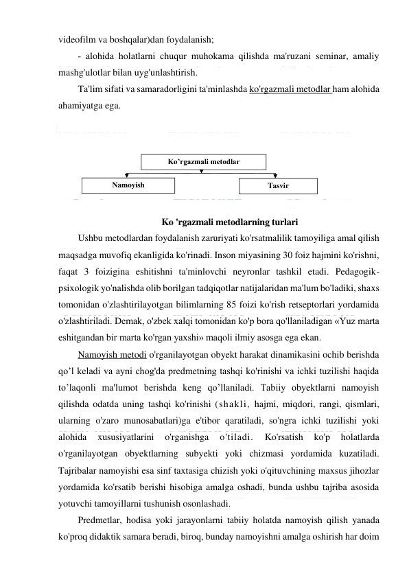  
 
videofilm va boshqalar)dan foydalanish; 
- alohida holatlarni chuqur muhokama qilishda ma'ruzani seminar, amaliy 
mashg'ulotlar bilan uyg'unlashtirish. 
Ta'lim sifati va samaradorligini ta'minlashda ko'rgazmali metodlar ham alohida 
ahamiyatga ega. 
 
 
 
 
 
 
 Ko 'rgazmali metodlarning turlari 
Ushbu metodlardan foydalanish zaruriyati ko'rsatmalilik tamoyiliga amal qilish 
maqsadga muvofiq ekanligida ko'rinadi. Inson miyasining 30 foiz hajmini ko'rishni, 
faqat 3 foizigina eshitishni ta'minlovchi neyronlar tashkil etadi. Pedagogik-
psixologik yo'nalishda olib borilgan tadqiqotlar natijalaridan ma'lum bo'ladiki, shaxs 
tomonidan o'zlashtirilayotgan bilimlarning 85 foizi ko'rish retseptorlari yordamida 
o'zlashtiriladi. Demak, o'zbek xalqi tomonidan ko'p bora qo'llaniladigan «Yuz marta 
eshitgandan bir marta ko'rgan yaxshi» maqoli ilmiy asosga ega ekan. 
Namoyish metodi o'rganilayotgan obyekt harakat dinamikasini ochib berishda 
qo’l keladi va ayni chog'da predmetning tashqi ko'rinishi va ichki tuzilishi haqida 
to’laqonli ma'lumot berishda keng qo’llaniladi. Tabiiy obyektlarni namoyish 
qilishda odatda uning tashqi ko'rinishi (shakli, hajmi, miqdori, rangi, qismlari, 
ularning o'zaro munosabatlari)ga e'tibor qaratiladi, so'ngra ichki tuzilishi yoki 
alohida 
xususiyatlarini 
o'rganishga 
o'tiladi. 
Ko'rsatish 
ko'p 
holatlarda 
o'rganilayotgan obyektlarning subyekti yoki chizmasi yordamida kuzatiladi. 
Tajribalar namoyishi esa sinf taxtasiga chizish yoki o'qituvchining maxsus jihozlar 
yordamida ko'rsatib berishi hisobiga amalga oshadi, bunda ushbu tajriba asosida 
yotuvchi tamoyillarni tushunish osonlashadi. 
Predmetlar, hodisa yoki jarayonlarni tabiiy holatda namoyish qilish yanada 
ko'proq didaktik samara beradi, biroq, bunday namoyishni amalga oshirish har doim 
Ko’rgazmali metodlar 
Namoyish 
Tasvir 
