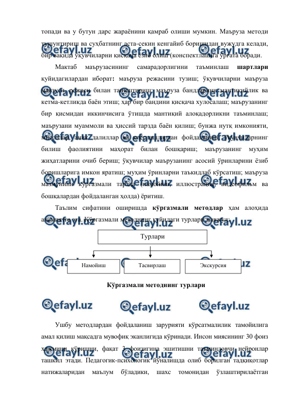  
 
топади ва у бутун дарс жараёнини қамраб олиши мумкин. Маъруза методи 
тушунтириш ва суҳбатнинг аста-секин кенгайиб боришидан вужудга келади, 
бир вақида ўқувчиларни қисқача ёзиб олиш (конспектлаш)га ўргата боради. 
Мактаб 
маърузасининг 
самарадорлигини 
таъминлаш 
шартлари 
қуйидагилардан иборат: маъруза режасини тузиш; ўқувчиларни маъруза 
мавзуси, режаси билан таништириш; маъруза бандларини мантиқийлик ва 
кетма-кетликда баён этиш; ҳар бир бандини қисқача хулосалаш; маърузанинг 
бир қисмидан иккинчисига ўтишда мантиқий алоқадорликни таъминлаш; 
маърузани муаммоли ва ҳиссий тарзда баён қилиш; бунжа нутқ имконияти, 
мисоллар, аниқ далиллар ва қиёслашлардан фойдаланиш; ўқувчиларнинг 
билиш 
фаолиятини 
маҳорат 
билан 
бошқариш; 
маърузанинг 
муҳим 
жиҳатларини очиб бериш; ўқувчилар маърузанинг асосий ўринларини ёзиб 
боришларига имкон яратиш; муҳим ўринларни таъкидлаб кўрсатиш; маъруза 
мазмунини кўргазмали тарзда (намойиш, иллюстрация, видеофильм ва 
бошқалардан фойдаланган ҳолда) ёритиш.  
Таълим сифатини оширишда кўргазмали методлар ҳам алоҳида 
аҳамиятга эга. Кўргазмали методнинг қуйидаги турлари мавжуд:  
 
 
 
 
 
 
 
 
Ушбу методлардан фойдаланиш зарурияти кўрсатмалилик тамойилига 
амал қилиш мақсадга мувофиқ эканлигида кўринади. Инсон миясининг 30 фоиз 
ҳажмини кўришни, фақат 3 фоизигина эшитишни таъминловчи нейронлар 
ташкил этади. Педагогик-психологик йўналишда олиб борилган тадқиқотлар 
натижаларидан 
маълум 
бўладики, 
шахс 
томонидан 
ўзлаштирилаётган 
Турлари 
Намойиш 
Тасвирлаш 
Кўргазмали методнинг турлари 
Экскурсия 
