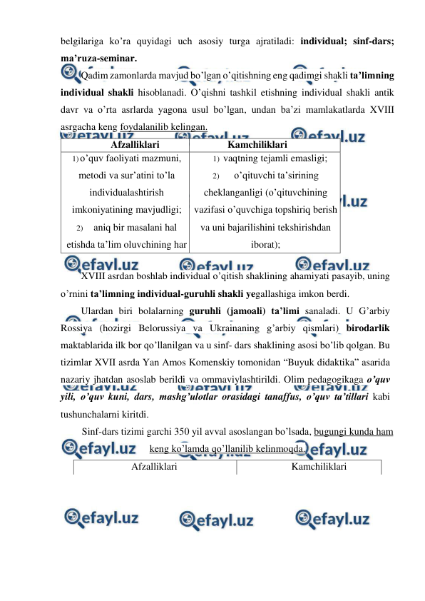  
 
belgilariga ko’ra quyidagi uch asosiy turga ajratiladi: individual; sinf-dars; 
ma’ruza-seminar. 
Qadim zamonlarda mavjud bo’lgan o’qitishning eng qadimgi shakli ta’limning 
individual shakli hisoblanadi. O’qishni tashkil etishning individual shakli antik 
davr va o’rta asrlarda yagona usul bo’lgan, undan ba’zi mamlakatlarda XVIII 
asrgacha keng foydalanilib kelingan. 
Afzalliklari 
Kamchiliklari 
1) o’quv faoliyati mazmuni, 
metodi va sur’atini to’la 
individualashtirish 
imkoniyatining mavjudligi; 
2) 
aniq bir masalani hal 
etishda ta’lim oluvchining har 
bir harakati va 
operatsiyalarini kuzatib 
borishga imkon berishi. 
1) vaqtning tejamli emasligi; 
2) 
o’qituvchi ta’sirining 
cheklanganligi (o’qituvchining 
vazifasi o’quvchiga topshiriq berish 
va uni bajarilishini tekshirishdan 
iborat); 
3) 
boshqa o’quvchilar bilan 
hamkorlikda ishlash imkoniyati 
cheklanganligi (bu holat 
ijtimoiylashuv jarayoniga salbiy 
ta’sir ko’rsatadi); 
4) jamoada ishlash tajribasining 
shakllanmasligi. 
 
XVIII asrdan boshlab individual o’qitish shaklining ahamiyati pasayib, uning 
o’rnini ta’limning individual-guruhli shakli yegallashiga imkon berdi. 
Ulardan biri bolalarning guruhli (jamoali) ta’limi sanaladi. U G’arbiy 
Rossiya (hozirgi Belorussiya va Ukrainaning g’arbiy qismlari) birodarlik 
maktablarida ilk bor qo’llanilgan va u sinf- dars shaklining asosi bo’lib qolgan. Bu 
tizimlar XVII asrda Yan Amos Komenskiy tomonidan “Buyuk didaktika” asarida 
nazariy jhatdan asoslab berildi va ommaviylashtirildi. Olim pedagogikaga o’quv 
yili, o’quv kuni, dars, mashg’ulotlar orasidagi tanaffus, o’quv ta’tillari kabi 
tushunchalarni kiritdi. 
Sinf-dars tizimi garchi 350 yil avval asoslangan bo’lsada, bugungi kunda ham 
keng ko’lamda qo’llanilib kelinmoqda. 
Afzalliklari 
Kamchiliklari 
