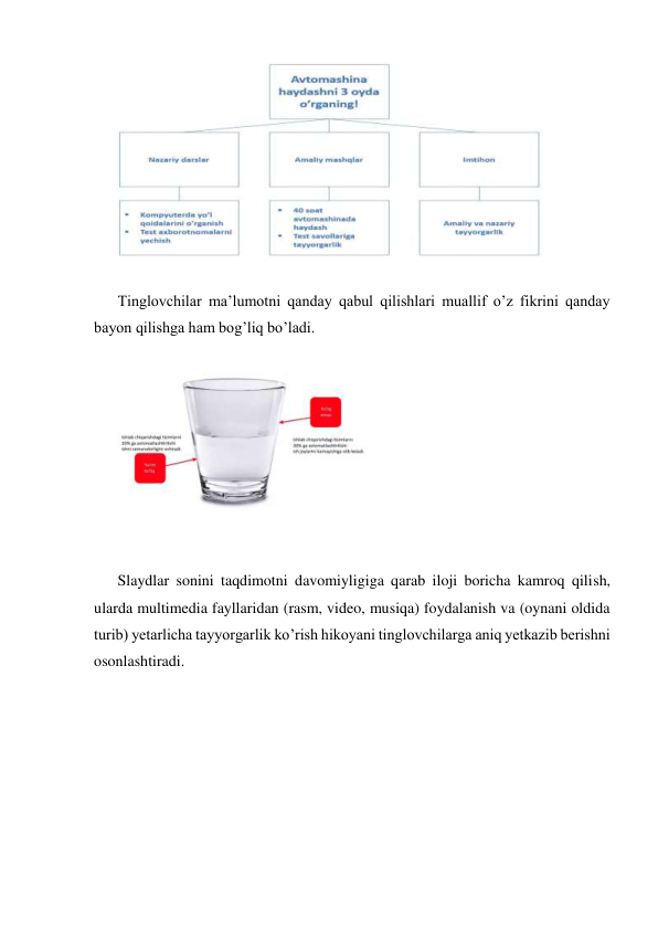  
 
Tinglovchilar ma’lumotni qanday qabul qilishlari muallif o’z fikrini qanday 
bayon qilishga ham bog’liq bo’ladi. 
 
 
 
 
Slaydlar sonini taqdimotni davomiyligiga qarab iloji boricha kamroq qilish, 
ularda multimedia fayllaridan (rasm, video, musiqa) foydalanish va (oynani oldida 
turib) yetarlicha tayyorgarlik ko’rish hikoyani tinglovchilarga aniq yetkazib berishni 
osonlashtiradi. 
 
