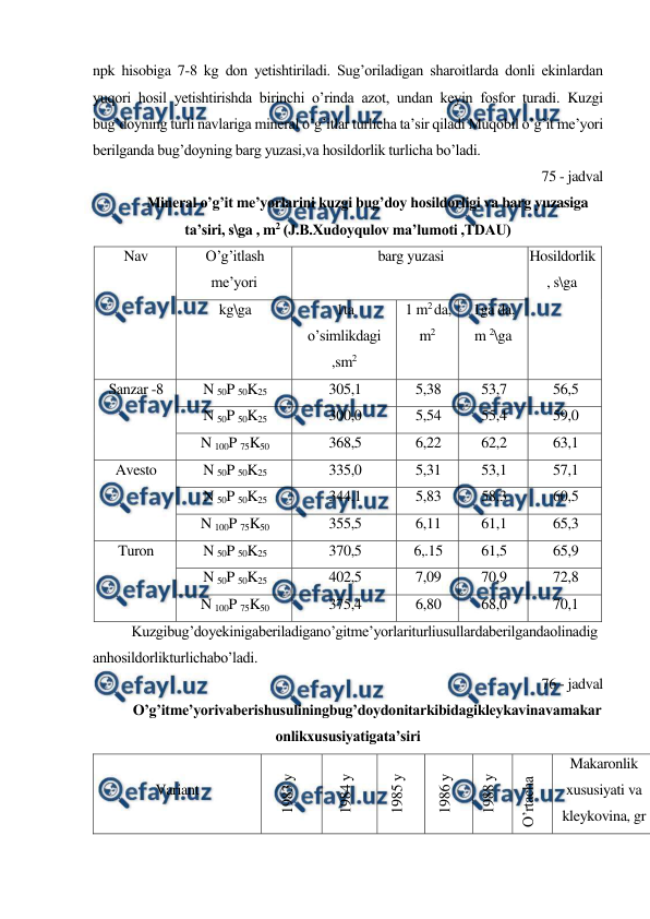  
 
npk hisobiga 7-8 kg don yetishtiriladi. Sug’oriladigan sharoitlarda donli ekinlardan 
yuqori hosil yetishtirishda birinchi o’rinda azot, undan keyin fosfor turadi. Kuzgi 
bug’doyning turli navlariga mineral o’g’itlar turlicha ta’sir qiladi Muqobil o’g’it me’yori 
berilganda bug’doyning barg yuzasi,va hosildorlik turlicha bo’ladi. 
75 - jadval 
Mineral o’g’it me’yorlarini kuzgi bug’doy hosildorligi va barg yuzasiga 
ta’siri, s\ga , m2 (J.B.Xudoyqulov ma’lumoti ,TDAU) 
Nav 
O’g’itlash 
me’yori 
barg yuzasi 
Hosildorlik
, s\ga 
kg\ga 
1ta 
o’simlikdagi 
,sm2 
1 m2 da, 
m2 
1ga da, 
m 2\ga 
Sanzar -8 
N 50P 50K25 
305,1 
5,38 
53,7 
56,5 
N 50P 50K25 
300,0 
5,54 
55,4 
59,0 
N 100P 75K50 
368,5 
6,22 
62,2 
63,1 
Avesto 
N 50P 50K25 
335,0 
5,31 
53,1 
57,1 
N 50P 50K25 
344,1 
5,83 
58,3 
60,5 
N 100P 75K50 
355,5 
6,11 
61,1 
65,3 
Turon 
N 50P 50K25 
370,5 
6,.15 
61,5 
65,9 
N 50P 50K25 
402,5 
7,09 
70,9 
72,8 
N 100P 75K50 
375,4 
6,80 
68,0 
70,1 
Kuzgibug’doyekinigaberiladigano’gitme’yorlariturliusullardaberilgandaolinadig
anhosildorlikturlichabo’ladi. 
76 - jadval 
O’g’itme’yorivaberishusuliningbug’doydonitarkibidagikleykavinavamakar
onlikxususiyatigata’siri 
Variant 
1983 y 
1984 y 
1985 y 
1986 y 
1988 y 
O’rtacha 
Makaronlik 
xususiyati va 
kleykovina, gr 
