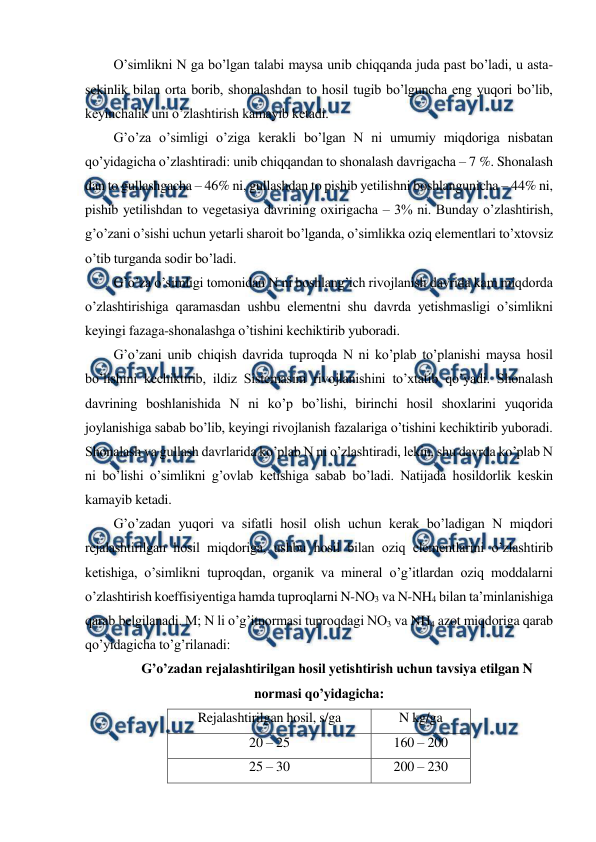  
 
O’simlikni N ga bo’lgan talabi maysa unib chiqqanda juda past bo’ladi, u asta-
sekinlik bilan orta borib, shonalashdan to hosil tugib bo’lguncha eng yuqori bo’lib, 
keyinchalik uni o’zlashtirish kamayib ketadi. 
G’o’za o’simligi o’ziga kerakli bo’lgan N ni umumiy miqdoriga nisbatan 
qo’yidagicha o’zlashtiradi: unib chiqqandan to shonalash davrigacha – 7 %. Shonalash 
dan to gullashgacha – 46% ni, gullashdan to pishib yetilishni boshlangunicha – 44% ni, 
pishib yetilishdan to vegetasiya davrining oxirigacha – 3% ni. Bunday o’zlashtirish, 
g’o’zani o’sishi uchun yetarli sharoit bo’lganda, o’simlikka oziq elementlari to’xtovsiz 
o’tib turganda sodir bo’ladi. 
G’o’za o’simligi tomonidan N ni boshlang’ich rivojlanish davrida kam miqdorda 
o’zlashtirishiga qaramasdan ushbu elementni shu davrda yetishmasligi o’simlikni 
keyingi fazaga-shonalashga o’tishini kechiktirib yuboradi. 
G’o’zani unib chiqish davrida tuproqda N ni ko’plab to’planishi maysa hosil 
bo’lishini kechiktirib, ildiz Sistemasini rivojlanishini to’xtatib qo’yadi. Shonalash 
davrining boshlanishida N ni ko’p bo’lishi, birinchi hosil shoxlarini yuqorida 
joylanishiga sabab bo’lib, keyingi rivojlanish fazalariga o’tishini kechiktirib yuboradi. 
Shonalash va gullash davrlarida ko’plab N ni o’zlashtiradi, lekin, shu davrda ko’plab N 
ni bo’lishi o’simlikni g’ovlab ketishiga sabab bo’ladi. Natijada hosildorlik keskin 
kamayib ketadi. 
G’o’zadan yuqori va sifatli hosil olish uchun kerak bo’ladigan N miqdori 
rejalashtirilgan hosil miqdoriga, ushbu hosil bilan oziq elementlarini o’zlashtirib 
ketishiga, o’simlikni tuproqdan, organik va mineral o’g’itlardan oziq moddalarni 
o’zlashtirish koeffisiyentiga hamda tuproqlarni N-NO3 va N-NH4 bilan ta’minlanishiga 
qarab belgilanadi. M; N li o’g’itnormasi tuproqdagi NO3 va NH4 azot miqdoriga qarab 
qo’yidagicha to’g’rilanadi: 
G’o’zadan rejalashtirilgan hosil yetishtirish uchun tavsiya etilgan N 
normasi qo’yidagicha: 
Rejalashtirilgan hosil, s/ga 
N kg/ga 
20 – 25 
160 – 200 
25 – 30 
200 – 230 
