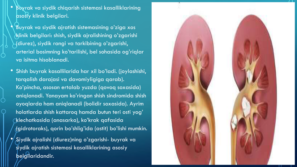• Buyrak va siydik chiqarish sistemasi kasalliklarining
asosiy klinik belgilari.
• Buyrak va siydik ajratish sistemasining o’ziga xos
klinik belgilari: shish, siydik ajralishining o’zgarishi
(diurez), siydik rangi va tarkibining o’zgarishi, 
arterial bosimning ko’tarilishi, bel sohasida og’riqlar
va isitma hisoblanadi.
• Shish buyrak kasallilarida har xil bo’ladi. (joylashishi, 
tarqalish darajasi va davomiyligiga qarab). 
Ko’pincha, asosan ertalab yuzda (qovoq soxasida) 
aniqlanadi. Yanayam ko’ringan shish sindromida shish 
oyoqlarda ham aniqlanadi (bolidir soxasida). Ayrim
holatlarda shish kattaroq hamda butun teri osti yog’ 
klechatkasida (anasarka), ko’krak qafasida
(gidrotoraks), qorin bo’shlig’ida (astit) bo’lishi mumkin.
• Siydik ajralishi (diurez)ning o’zgarishi- buyrak va
siydik ajratish sistemasi kasalliklarining asosiy
belgilaridandir.
