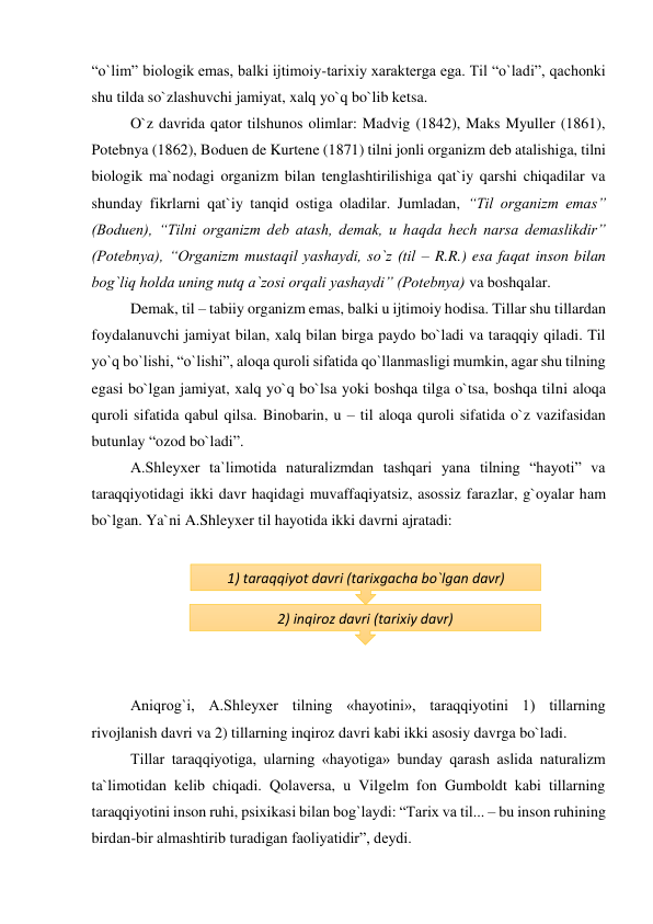 “o`lim” biologik emas, balki ijtimoiy-tarixiy xarakterga ega. Til “o`ladi”, qachonki 
shu tilda so`zlashuvchi jamiyat, xalq yo`q bo`lib ketsa. 
O`z davrida qator tilshunos olimlar: Madvig (1842), Maks Myuller (1861), 
Potebnya (1862), Boduen de Kurtene (1871) tilni jonli organizm deb atalishiga, tilni 
biologik ma`nodagi organizm bilan tenglashtirilishiga qat`iy qarshi chiqadilar va 
shunday fikrlarni qat`iy tanqid ostiga oladilar. Jumladan, “Til organizm emas” 
(Boduen), “Tilni organizm deb atash, demak, u haqda hech narsa demaslikdir” 
(Potebnya), “Organizm mustaqil yashaydi, so`z (til – R.R.) esa faqat inson bilan 
bog`liq holda uning nutq a`zosi orqali yashaydi” (Potebnya) va boshqalar. 
Demak, til – tabiiy organizm emas, balki u ijtimoiy hodisa. Tillar shu tillardan 
foydalanuvchi jamiyat bilan, xalq bilan birga paydo bo`ladi va taraqqiy qiladi. Til 
yo`q bo`lishi, “o`lishi”, aloqa quroli sifatida qo`llanmasligi mumkin, agar shu tilning 
egasi bo`lgan jamiyat, xalq yo`q bo`lsa yoki boshqa tilga o`tsa, boshqa tilni aloqa 
quroli sifatida qabul qilsa. Binobarin, u – til aloqa quroli sifatida o`z vazifasidan 
butunlay “ozod bo`ladi”.  
A.Shleyxer ta`limotida naturalizmdan tashqari yana tilning “hayoti” va 
taraqqiyotidagi ikki davr haqidagi muvaffaqiyatsiz, asossiz farazlar, g`oyalar ham 
bo`lgan. Ya`ni A.Shleyxer til hayotida ikki davrni ajratadi: 
 
 
 
 
 
 
Aniqrog`i, A.Shleyxer tilning «hayotini», taraqqiyotini 1) tillarning 
rivojlanish davri va 2) tillarning inqiroz davri kabi ikki asosiy davrga bo`ladi. 
Tillar taraqqiyotiga, ularning «hayotiga» bunday qarash aslida naturalizm 
ta`limotidan kelib chiqadi. Qolaversa, u Vilgelm fon Gumboldt kabi tillarning 
taraqqiyotini inson ruhi, psixikasi bilan bog`laydi: “Tarix va til... – bu inson ruhining 
birdan-bir almashtirib turadigan faoliyatidir”, deydi. 
1) taraqqiyot davri (tarixgacha bo`lgan davr) 
2) inqiroz davri (tarixiy davr) 
