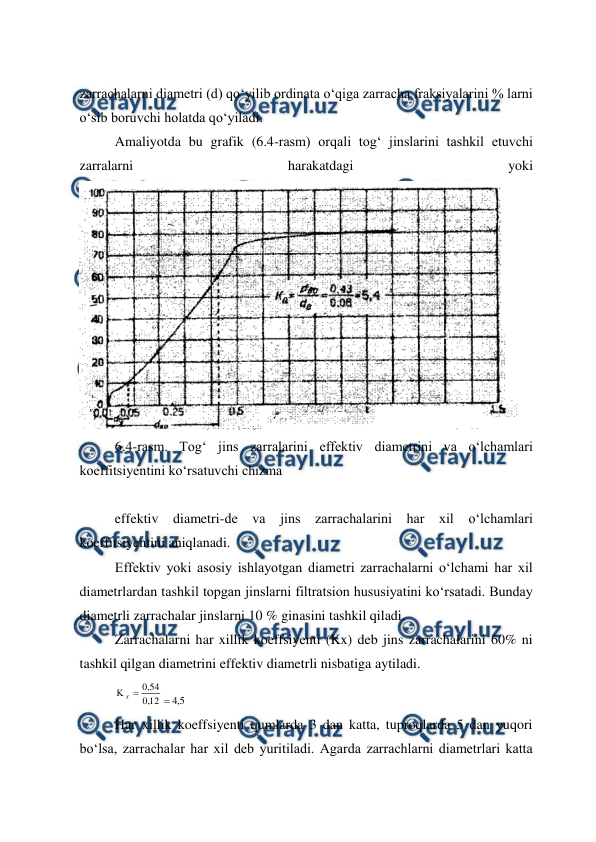  
 
zarrachalarni diametri (d) qo‘yilib ordinata o‘qiga zarracha fraksiyalarini % larni 
o‘sib boruvchi holatda qo‘yiladi.  
Amaliyotda bu grafik (6.4-rasm) orqali tog‘ jinslarini tashkil etuvchi 
zarralarni 
harakatdagi 
yoki 
 
6.4-rasm. Tog‘ jins zarralarini effektiv diametrini va o‘lchamlari 
koeffitsiyentini ko‘rsatuvchi chizma 
 
effektiv diametri-de va jins zarrachalarini har xil o‘lchamlari 
koeffitsiyentini aniqlanadi. 
Effektiv yoki asosiy ishlayotgan diametri zarrachalarni o‘lchami har xil 
diametrlardan tashkil topgan jinslarni filtratsion hususiyatini ko‘rsatadi. Bunday 
diametrli zarrachalar jinslarni 10 % ginasini tashkil qiladi. 
Zarrachalarni har xillik koeffsiyenti (Kx) deb jins zarrachalarini 60% ni 
tashkil qilgan diametrini effektiv diametrli nisbatiga aytiladi. 
12
,
0
54
,
0

х
5
,
4

 
Har xillik koeffsiyenti qumlarda 3 dan katta, tuproqlarda 5 dan yuqori 
bo‘lsa, zarrachalar har xil deb yuritiladi. Agarda zarrachlarni diametrlari katta 
