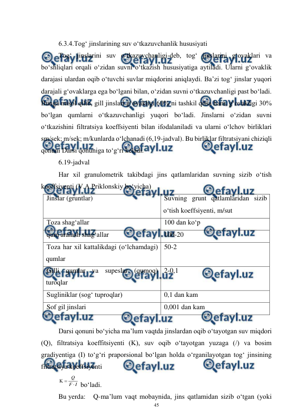  
45 
 
 
6.3.4.Tog‘ jinslarining suv o‘tkazuvchanlik hususiyati 
Tog‘ jinslarini suv o‘tkazuvchanligi-deb, tog‘ jinslarini g‘ovaklari va 
bo‘shliqlari orqali o‘zidan suvni o‘tkazish hususiyatiga aytiladi. Ularni g‘ovaklik 
darajasi ulardan oqib o‘tuvchi suvlar miqdorini aniqlaydi. Ba’zi tog‘ jinslar yuqori 
darajali g‘ovaklarga ega bo‘lgani bilan, o‘zidan suvni o‘tkazuvchanligi past bo‘ladi. 
Bunga misol qilib, gill jinslari g‘ovakligi 60% ni tashkil qilsa ham, g‘ovakligi 30% 
bo‘lgan qumlarni o‘tkazuvchanligi yuqori bo‘ladi. Jinslarni o‘zidan suvni 
o‘tkazishini filtratsiya koeffsiyenti bilan ifodalaniladi va ularni o‘lchov birliklari 
sm/sek; m/sek; m/kunlarda o‘lchanadi (6,19-jadval). Bu birliklar filtratsiyani chiziqli 
qonuni Darsi qonuniga to‘g‘ri keladi. 
6.19-jadval 
Har xil granulometrik takibdagi jins qatlamlaridan suvning sizib o‘tish 
koeffsiyenti (V.A.Priklonskiy bo‘yicha) 
Jinslar (gruntlar) 
Suvning grunt qatlamlaridan sizib 
o‘tish koeffsiyenti, m/sut 
Toza shag‘allar 
100 dan ko‘p  
qum aralash shag‘allar 
100-20 
Toza har xil kattalikdagi (o‘lchamdagi) 
qumlar 
50-2 
Gilli qumlar va supeslar (qumoq) 
turoqlar 
2-0,1 
Sugliniklar (sog‘ tuproqlar) 
0,1 dan kam 
Sof gil jinslari 
0,001 dan kam 
 
Darsi qonuni bo‘yicha ma’lum vaqtda jinslardan oqib o‘tayotgan suv miqdori 
(Q), filtratsiya koeffitsiyenti (K), suv oqib o‘tayotgan yuzaga (/) va bosim 
gradiyentiga (I) to‘g‘ri praporsional bo‘lgan holda o‘rganilayotgan tog‘ jinsining 
filtratsiya koeffsiyenti 
I
F
Q



 bo‘ladi. 
Bu yerda: 
Q-ma’lum vaqt mobaynida, jins qatlamidan sizib o‘tgan (yoki 
