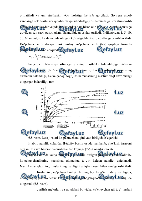  
50 
 
o‘rnatiladi va uni strelkasini «O» holatiga keltirib qo‘yiladi. So‘ngra asbob 
vannasiga sekin-asta suv quyilib, xalqa silindrdagi jins namunasiga suv shimdirilib 
boriladi. Shu bilan bir vaqtda indikatordan ham hisob olib boriladi. Asbob vannasiga 
quyilgan suv satxi pastki qismi balandligidan ushlab turiladi. Indikatordan 1, 5, 10, 
30, 60 minut, sutka davomida olingan ko‘rsatgichlar tajriba daftariga yozib boriladi. 
Ko‘pchuvchanlik darajasi yoki nisbiy ko‘pchuvchanlik (Nk) quydagi formula 
yordamida hisoblab chiqiladi: 
h
h
h
ёки
h
h
h
H
k
к
k
k





%
100
 
bu yerda: 
Nk-xalqa silindrga jinsning dastlabki balandiligiga nisbatan 
ko‘pchish qiymati, % 
к
-nisbati ko‘pchuvchanlik, h-xalqa silindrdagi jinsning 
dastlabki balandligi, hk-xalqadagi tog‘ jins namunasining ma’lum vaqt davomidagi 
o‘zgargan balandligi, mm 
 
 
6.8-rasm. Less jinslari ko‘pchuvchanligini vaqt birligida o‘zgarishi. 
I-tabiiy namlik xolatida; II-tabiiy bosim ostida namlanib, cho‘kish jarayoni 
o‘rganilib xavo haroratida quritilgandan keyingi (2-5% namlik) xolati 
Tajriba oxirida xalqa silindrdagi suv shimiltirilgan jinsdan «namuna olinib» 
ko‘pchuvchanlikning maksimal qiymatiga to‘g‘ri kelgan namligi aniqlanadi. 
Namlikni aniqlash tog‘ jinslarining namligini aniqlash usuli bilan amalga oshiriladi.  
 
Jinslarning ko‘pchuvchanligi ularning boshlang‘ich tabiiy namligiga, 
mineralogik, granulometrik, kimyoviy tarkibiga bog‘liq bo‘lib, 0 dan 20% oralig‘ida 
o‘zgaradi (6,8-rasm). 
 
qurilish me’orlari va qoydalari bo‘yicha ko‘chuvchan gil tog‘ jinslari 
