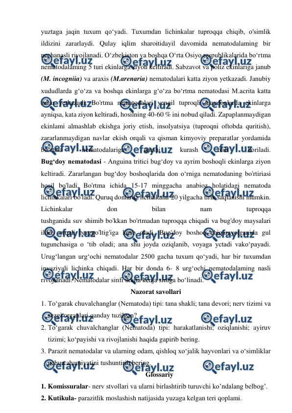  
 
yuztaga jaqin tuxum qo‘yadi. Tuxumdan lichinkalar tuproqqa chiqib, o'simlik 
ildizini zararlaydi. Qulay iqlim sharoitidayil davomida nematodalaming bir 
nechanasli rivojlanadi. O‘zbekiston va boshqa O‘rta Osiyo respublikalarida bo‘rtma 
nematodalaming 5 turi ekinlarga ziyon keltiradi. Sabzavot va poliz ekinlariga janub 
(M. incogniia) va araxis (M.arenaria) nematodalari katta ziyon yetkazadi. Janubiy 
xududlarda g‘o‘za va boshqa ekinlarga g‘o‘za bo‘rtma nematodasi M.acrita katta 
zarar yetkazadi. Bo'rtma nematodalari yengil tuproqli maydonlarda ekinlarga 
ayniqsa, kata ziyon keltiradi, hosilning 40-60 % ini nobud qiladi. Zapaplanmaydigan 
ekinlami almashlab ekishga joriy etish, insolyatsiya (tuproqni oftobda quritish), 
zararlanmaydigan navlar ekish orqali va qisman kimyoviy preparatlar yordamida 
bo‘rtma 
nematodalariga 
qarshi 
kurash 
olib 
boriladi. 
Bug‘doy nematodasi - Anguina tritici bug‘doy va ayrim boshoqli ekinlarga ziyon 
keltiradi. Zararlangan bug‘doy boshoqlarida don o‘rniga nematodaning bo'rtiriasi 
hosil bo'ladi. Bo'rtma ichida 15-17 minggacha anabioz holatidagi nematoda 
lichinkalari bo'ladi. Quruq donlarda lichinkalar 20 yilgacha tirik saqlanishi mumkin. 
Lichinkalar 
don 
bilan 
nam 
tuproqqa 
tushganida suv shimib bo'kkan bo'rtmadan tuproqqa chiqadi va bug'doy maysalari 
ildizi orqali bargqo'ltig'iga kirib oladi. Bug'doy boshoq chiqarayotganida gul 
tugunchasiga o ‘tib oladi; ana shu joyda oziqlanib, voyaga yctadi vako‘payadi. 
Urug‘langan urg‘ochi nematodalar 2500 gacha tuxum qo‘yadi, har bir tuxumdan 
invaziyali lichinka chiqadi. Har bir donda 6- 8 urg‘ochi nematodalaming nasli 
rivojlanadi. Nematodalar sinfi ikkita kenja sinfga bo‘linadi. 
Nazorat savollari 
1. To‘garak chuvalchanglar (Nematoda) tipi: tana shakli; tana devori; nerv tizimi va 
sezgi organlari qanday tuzilgan? 
2. To‘garak chuvalchanglar (Nematoda) tipi: harakatlanishi; oziqlanishi; ayiruv 
tizimi; ko‘payishi va rivojlanishi haqida gapirib bering. 
3. Parazit nematodalar va ularning odam, qishloq xo‘jalik hayvonlari va o‘simliklar 
uchun ahamiyatini tushuntirib bering. 
Glossariy 
1. Komissuralar- nerv stvollari va ularni birlashtirib turuvchi ko’ndalang belbog’. 
2. Kutikula- parazitlik moslashish natijasida yuzaga kelgan teri qoplami. 
