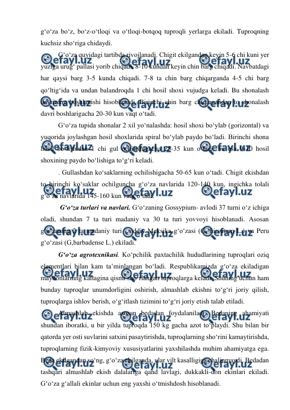  
 
g‘o‘za bo‘z, bo‘z-o‘tloqi va o‘tloqi-botqoq tuproqli yerlarga ekiladi. Tuproqning 
kuchsiz sho‘riga chidaydi.  
G‘o‘za quyidagi tartibda rivojlanadi. Chigit ekilgandan keyin 5-6 chi kuni yer 
yuziga urug‘ pallasi yorib chiqadi, 8-10 kundan keyin chin barg chiqadi. Navbatdagi 
har qaysi barg 3-5 kunda chiqadi. 7-8 ta chin barg chiqarganda 4-5 chi barg 
qo‘ltig‘ida va undan balandroqda 1 chi hosil shoxi vujudga keladi. Bu shonalash 
davrining boshlanishi hisoblanadi. Birinchi chin barg chiqargandan to shonalash 
davri boshlarigacha 20-30 kun vaqt o‘tadi. 
G‘o‘za tupida shonalar 2 xil yo‘nalashda: hosil shoxi bo‘ylab (gorizontal) va 
yuqorida joylashgan hosil shoxlarida spiral bo‘ylab paydo bo‘ladi. Birinchi shona 
hosil bo‘lishidan 1 chi gul ochilishigacha 25-35 kun o‘tadi, bu esa 9-10 hosil 
shoxining paydo bo‘lishiga to‘g‘ri keladi.  
. Gullashdan ko‘saklarning ochilishigacha 50-65 kun o‘tadi. Chigit ekishdan 
to birinchi ko‘saklar ochilguncha g‘o‘za navlarida 120-140 kun, ingichka tolali 
g‘o‘za navlarida 145-160 kun vaqt o‘tadi. 
 G‘o‘za turlari va navlari. G‘o‘zaning Gossypium- avlodi 37 turni o‘z ichiga 
oladi, shundan 7 ta turi madaniy va 30 ta turi yovvoyi hisoblanadi. Asosan 
g‘o‘zaning 2 ta madaniy turi - oddiy Meksika g‘o‘zasi (G, hirsutum L.) va Peru 
g‘o‘zasi (G,barbadense L.) ekiladi. 
G‘o‘za agrotexnikasi. Ko‘pchilik paxtachilik hududlarining tuproqlari oziq 
elementlari bilan kam ta’minlangan bo‘ladi. Respublikamizda g‘o‘za ekiladigan 
maydonlarning kattagina qismi sho‘rlangan tuproqlarga keladi. Shuning uchun ham 
bunday tuproqlar unumdorligini oshirish, almashlab ekishni to‘g‘ri joriy qilish, 
tuproqlarga ishlov berish, o‘g‘itlash tizimini to‘g‘ri joriy etish talab etiladi.  
Almashlab ekishda asosan bedadan foydalaniladi. Bedaning ahamiyati 
shundan iboratki, u bir yilda tuproqda 150 kg gacha azot to‘playdi. Shu bilan bir 
qatorda yer osti suvlarini satxini pasaytirishda, tuproqlarning sho‘rini kamaytirishda, 
tuproqlarning fizik-kimyoviy xususiyatlarini yaxshilashda muhim ahamiyatga ega. 
Beda ekilgandan so‘ng, g‘o‘za ekilganda, ular vilt kasalligiga chalinmaydi. Bedadan 
tashqari almashlab ekish dalalariga qand lavlagi, dukkakli-don ekinlari ekiladi. 
G‘o‘za g‘allali ekinlar uchun eng yaxshi o‘tmishdosh hisoblanadi. 
