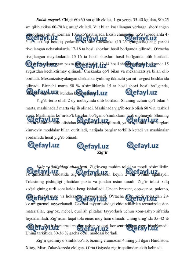  
 
Ekish meyori. Chigit 60x60 sm qilib ekilsa, 1 ga yerga 35-40 kg dan, 90x25 
sm qilib ekilsa 60-70 kg urug‘ ekiladi. Vilt bilan kasallangan yerlarga, sho‘rlangan 
tuproqlarga ekish normasi 10% ko‘paytiriladi. Ekish chuqurligi bo‘z tuproqlarda 4-
5 sm, o‘tloqi botqoq yerlarda 3-4 sm. Chekanka (15-25 iyungacha) eng yaxshi 
rivojlangan uchastkalarda 17-18 ta hosil shoxlari hosil bo‘lganda qilinadi. O‘rtacha 
rivojlangan maydonlarda 15-16 ta hosil shoxlari hosil bo‘lganda olib boriladi. 
Yaxshi rivojlanmagan paxta maydonlarida 12-14 hosil shoxlari paydo bo‘lganda 15 
avgustdan kechiktirmay qilinadi. Chekanka qo‘l bilan va mexanizatsiya bilan olib 
boriladi. Mexanizatsiyalangan chekanka iyulning ikkinchi yarmi- avgust boshlarida 
qilinadi. Birinchi marta 50 % o‘simliklarda 15 ta hosil shoxi hosil bo‘lganda, 
ikkinchi marta 7-10 kundan keyin qilinadi. 
Yig‘ib-terib olish 2 oy mobaynida olib boriladi. Shuning uchun qo‘l bilan 4 
marta, mashinada 3 marta yig‘ib olinadi. Mashinada yig‘ib-terib olish 60 % ni tashkil 
etadi. Mashinalar ko‘m-ko‘k barglari bo‘lgan o‘simliklarni terib ololmaydi. Shuning 
uchun mashina terib olishdan oldin defolatsiya qilinadi, ya’ni o‘simliklarni barglari 
kimyoviy moddalar bilan quritiladi, natijada barglar to‘kilib ketadi va mashinalar 
yordamida hosil yig‘ib olinadi. 
 
Zig‘ir 
 
Xalq xo‘jaligidagi ahamiyati. Zig‘ir-eng muhim tolali va moyli o‘simlikdir. 
To‘qimachilik sanoatida zig‘ir tolasi paxtadan keyin 2 chi o‘rinni egallaydi. 
Tolasining pishiqligi jihatidan paxta va jundan ustun turadi. Zig‘ir tolasi xalq 
xo‘jaligining turli sohalarida keng ishlatiladi. Undan brezent, qop-qanor, polotno, 
batist, dag‘al mato va hokazolar tayyorlanadi. O‘rtacha 1 kg zig‘ir tolasidan 2,4 
kv.m2 gazmol tayyorlanadi. Gazmol tayyorlashdagi chiqindilardan termoizolatsion 
materiallar, qog‘oz, mebel, qurilish plitalari tayyorlash uchun xom-ashyo sifatida 
foydalaniladi. Zig‘irdan faqat tola emas moy ham olinadi. Uning urug‘ida 35-42 % 
yog‘ bor. Zig‘ir kunjarasi mollar uchun yuqori konsentirlangan yem hisoblanadi. 
Uning tarkibida 30-36 % gacha oqsil moddasi bo‘ladi.  
Zig‘ir qadimiy o‘simlik bo‘lib, bizning eramizdan 4 ming yil ilgari Hindiston, 
Xitoy, Misr, Zakavkazeda ekilgan. O‘rta Osiyoda zig‘ir qadimdan ekib kelinadi.  
