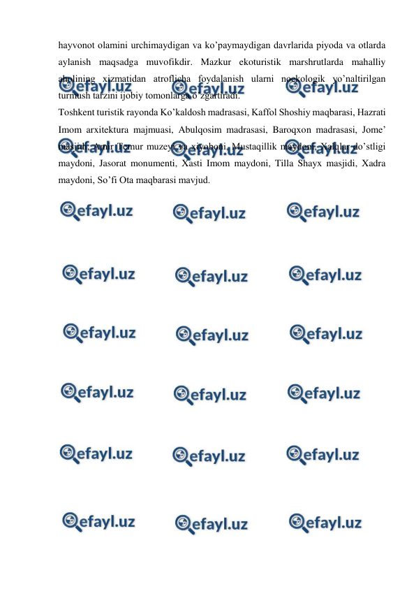  
 
hayvonot olamini urchimaydigan va ko’paymaydigan davrlarida piyoda va otlarda 
aylanish maqsadga muvofikdir. Mazkur ekoturistik marshrutlarda mahalliy 
aholining xizmatidan atroflicha foydalanish ularni noekologik yo’naltirilgan 
turmush tarzini ijobiy tomonlarga o’zgartiradi. 
Toshkent turistik rayonda Ko’kaldosh madrasasi, Kaffol Shoshiy maqbarasi, Hazrati 
Imom arxitektura majmuasi, Abulqosim madrasasi, Baroqxon madrasasi, Jome’ 
masjidi, Amir Temur muzeyi va xiyoboni, Mustaqillik maydoni, Xalqlar do’stligi 
maydoni, Jasorat monumenti, Xasti Imom maydoni, Tilla Shayx masjidi, Xadra 
maydoni, So’fi Ota maqbarasi mavjud. 
 
