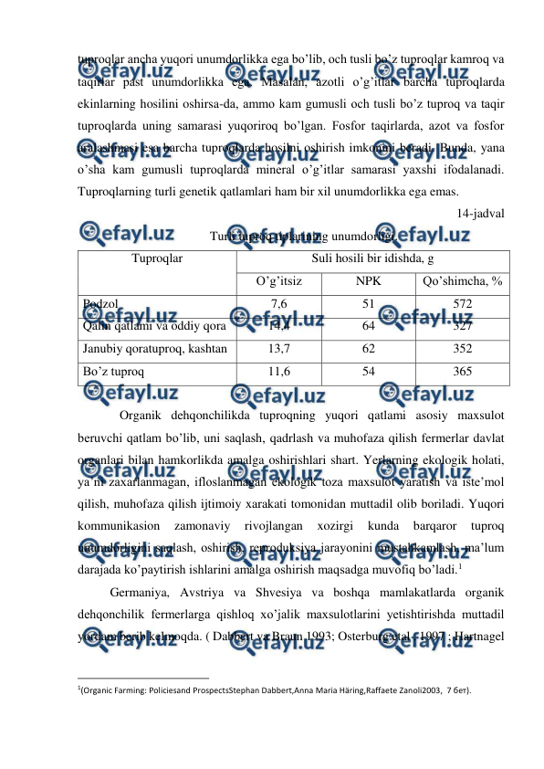  
 
tuproqlar ancha yuqori unumdorlikka ega bo’lib, och tusli bo’z tuproqlar kamroq va 
taqirlar past unumdorlikka ega. Masalan, azotli o’g’itlar barcha tuproqlarda 
ekinlarning hosilini oshirsa-da, ammo kam gumusli och tusli bo’z tuproq va taqir 
tuproqlarda uning samarasi yuqoriroq bo’lgan. Fosfor taqirlarda, azot va fosfor 
aralashmasi esa barcha tuproqlarda hosilni oshirish imkonini beradi. Bunda, yana 
o’sha kam gumusli tuproqlarda mineral o’g’itlar samarasi yaxshi ifodalanadi. 
Tuproqlarning turli genetik qatlamlari ham bir xil unumdorlikka ega emas. 
14-jadval 
Turli tuproq tiplarining unumdorligi. 
Tuproqlar 
Suli hosili bir idishda, g 
O’g’itsiz 
NPK 
Qo’shimcha, % 
Podzol 
7,6 
51 
572 
Qalin qatlami va oddiy qora 
14,4 
64 
327 
Janubiy qoratuproq, kashtan 
13,7 
62 
352 
Bo’z tuproq 
11,6 
54 
365 
 
 Organik dehqonchilikda tuproqning yuqori qatlami asosiy maxsulot 
beruvchi qatlam bo’lib, uni saqlash, qadrlash va muhofaza qilish fermerlar davlat 
organlari bilan hamkorlikda amalga oshirishlari shart. Yerlarning ekologik holati, 
ya’ni zaxarlanmagan, ifloslanmagan ekologik toza maxsulot yaratish va iste’mol 
qilish, muhofaza qilish ijtimoiy xarakati tomonidan muttadil olib boriladi. Yuqori 
kommunikasion 
zamonaviy 
rivojlangan 
xozirgi 
kunda 
barqaror 
tuproq 
unumdorligini saqlash, oshirish, reproduksiya jarayonini mustahkamlash, ma’lum 
darajada ko’paytirish ishlarini amalga oshirish maqsadga muvofiq bo’ladi.1 
Germaniya, Avstriya va Shvesiya va boshqa mamlakatlarda organik 
dehqonchilik fermerlarga qishloq xo’jalik maxsulotlarini yetishtirishda muttadil 
yordam berib kelmoqda. ( Dabbert va Braun 1993; Osterburg etal . 1997 ; Hartnagel 
                                                          
 
1(Organic Farming: Policiesand ProspectsStephan Dabbert,Anna Maria Häring,Raffaete Zanoli2003,  7 бет). 
 
