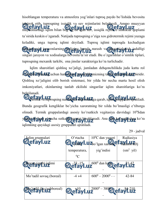  
 
hisoblangan temperatura va atmosfera yog’inlari tuproq paydo bo’lishida bevosita 
ishtirok etib, tuproqning issiqlik va suv rejimlarini belgilaydi. Ammo muayyan 
maydonlardagi iqlim bilan bog’liq bo’lgan suv, issiqlik rejimi o’simliklar qoplami 
ta’sirida keskin o’zgaradi. Natijada tuproqning o’ziga xos gidrotermik rejimi yuzaga 
keladiki, unga tuproq iqlimi deyiladi. Tuproq iqlimi tuproqda kechadigan 
biokimyoviy jarayonlarning tezligiga hamda nurash va ishqorsizlanish jadalligi 
singari jarayon va xodisalarga bevosita ta’sir etadi. Bu o’zgarishlar o’simlik tiplari, 
tuproqning mexanik tarkibi,  ona jinslar xarakteriga ko’ra turlichadir. 
Iqlim sharoitlari qishloq xo’jaligi, jumladan dehqonchilikda juda katta rol 
o’ynaydi. Shuning uchun ham iqlim, respublikamizning tabiiy resurslaridan biridir. 
Qishloq xo’jaligini olib borish sistemasi, bir yilda bir necha marta hosil olish 
imkoniyatlari, ekinlarning tanlab ekilishi singarilar iqlim sharoitlariga ko’ra 
belgilanadi.  
Termik va tuproqning namlanish sharoitlariga qarab, iqlim gruppalari ajratiladi. 
Bunda geografik kengliklar bo’yicha xaroratning bir xilda bo’lmasligi e’tiborga 
olinadi. Termik gruppalardagi asosiy ko’rsatkich vegitasiya davridagi 100Sdan 
yuqori bo’lgan o’rtacha sutkalik harorat hisoblanadi. Ana  shu ko’rsatkichga ko’ra 
iqlimning quyidagi asosiy gruppalari ajratiladi. 
29 - jadval 
Iqlim gruppalari 
O’rtacha 
yillik 
temperatura, 
0C 
100C dan yuqori 
bo’lgan xarorat 
yig’indisi 
Radiasiya 
balansi kDj 
(sm2  yil) 
Sovuq (qutb) iqlimi  
-23 -15 
6000 dan kam  - 
-  
21-42 
Mo’tadil sovuq (boreal) 
-4 +4 
6000 – 20000 - - 
- 
42-84 
Mo’tadil iliq (subboreal) 
+10 
20000 – 3800 - - 
- 
84-210 
