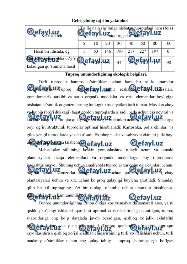  
 
Gelrigelning tajriba yakunlari 
Ko’rsatkich 
To’liq nam sig’imiga nisbatan tuproqdagi nam (foiz) 
miqdoriga ko’ra hosil 
5 
10 
20 
30 
40 
60 
80 
100 
Hosil bir idishda, dg 
1 
63 
146 
190 
217 
227 
197 
0 
Har 10 foiz namlikka to’g’ri 
keladigan qo’shimcha hosil 
 
124 
83 
44 
27 
10 
-15 
-98 
Tuproq unumdorligining ekologik belgilari. 
Turli tuproqlar hamma o’simliklar uchun ham bir xilda unumdor 
bo’lavermaydi. 
Tuproq 
sharoitlariga: 
muhit 
reaksiyasi, 
fizik 
xossalari, 
granulometrik tarkibi va xatto organik moddalar va oziq elementlar boyligiga 
nisbatan, o’simlik organizmlarning biologik xususiyatlari turli tuman. Masalan choy 
va lyupin (bo’ri dukkagi) faqat nordon tuproqlarda o’sadi, beda uchun esa neytral va 
kuchsiz ishqorli tuproqlar qulay. G’o’za va g’alla ekinlari uchun organik moddalarga 
boy, og’ir, strukturali tuproqlar optimal hisoblanadi; Kartoshka, poliz ekinlari va 
gilos yengil tuproqlarda yaxshi o’sadi. Ekinbop nasha va sabzavot ekinlari juda boy, 
unumdor tuproqlarga talabchan. 
Mahsulotlar sifatining keskin yomonlashuvi tufayli uzum va tamaki 
plantasiyalari oziqa elementlari va organik moddalarga boy tuproqlarda 
joylashtirilmaydi. Shuning uchun amaliyotda tuproqlar xar doim dala ekinlari uchun, 
bog’lar uchun, uzumzorlar uchun, kartoshka uchun, poliz ekinlari uchun, chay 
plantasiyalari uchun va x.z. uchun ko’proq qulayligi buyicha ajratiladi. Shunday 
qilib bir xil tuproqning o’zi bir turdagi o’simlik uchun unumdor hisoblansa, 
ikkinchisi uchun kam unumli bo’lishi mumkin. 
Tuproq unumdorligining ushbu o’ziga xos xususiyatida samarali asos, ya’ni 
qishloq xo’jaligi ishlab chiqarishini optimal ixtisoslashtirishga qaratilgan, tuproq 
sharoitlariga eng ko’p darajada javob beradigan, qishloq xo’jalik ekinlarini 
joylashtirishning asosiy negizi mavjud. Tuproq qoplamini o’rganish, tuproqni 
rayonlashtirish qishloq xo’jalik ishlab chiqarishining turli yo’nalishlari uchun, turli 
madaniy o’simliklar uchun eng qulay tabiiy – tuproq sharoitga ega bo’lgan 
