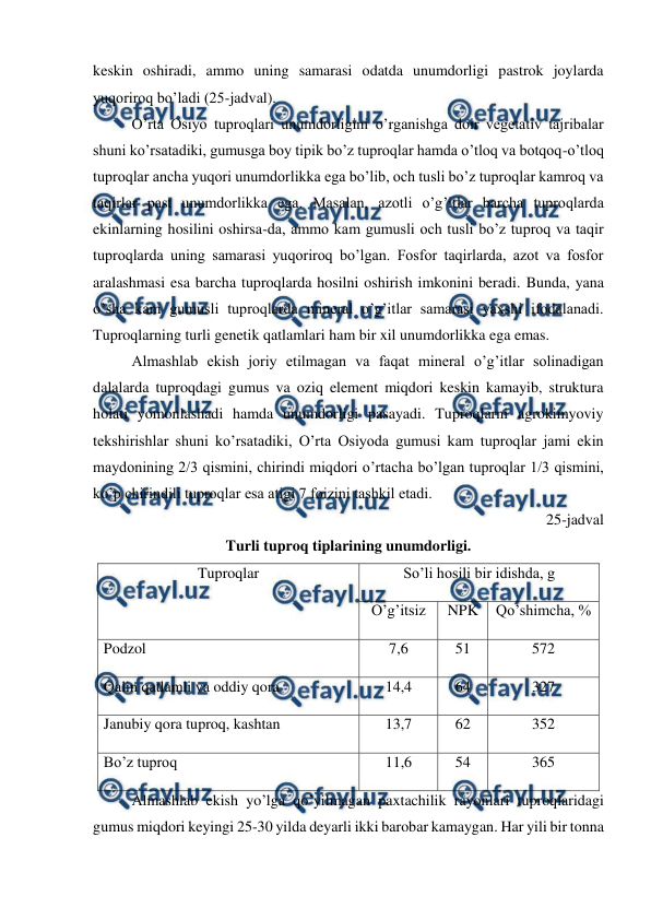  
 
keskin oshiradi, ammo uning samarasi odatda unumdorligi pastrok joylarda 
yuqoriroq bo’ladi (25-jadval). 
O’rta Osiyo tuproqlari unumdorligini o’rganishga doir vegetativ tajribalar 
shuni ko’rsatadiki, gumusga boy tipik bo’z tuproqlar hamda o’tloq va botqoq-o’tloq 
tuproqlar ancha yuqori unumdorlikka ega bo’lib, och tusli bo’z tuproqlar kamroq va 
taqirlar past unumdorlikka ega. Masalan, azotli o’g’itlar barcha tuproqlarda 
ekinlarning hosilini oshirsa-da, ammo kam gumusli och tusli bo’z tuproq va taqir 
tuproqlarda uning samarasi yuqoriroq bo’lgan. Fosfor taqirlarda, azot va fosfor 
aralashmasi esa barcha tuproqlarda hosilni oshirish imkonini beradi. Bunda, yana 
o’sha kam gumusli tuproqlarda mineral o’g’itlar samarasi yaxshi ifodalanadi. 
Tuproqlarning turli genetik qatlamlari ham bir xil unumdorlikka ega emas. 
Almashlab ekish joriy etilmagan va faqat mineral o’g’itlar solinadigan 
dalalarda tuproqdagi gumus va oziq element miqdori keskin kamayib, struktura 
holati yomonlashadi hamda unumdorligi pasayadi. Tuproqlarni agrokimyoviy 
tekshirishlar shuni ko’rsatadiki, O’rta Osiyoda gumusi kam tuproqlar jami ekin 
maydonining 2/3 qismini, chirindi miqdori o’rtacha bo’lgan tuproqlar 1/3 qismini, 
ko’p chirindili tuproqlar esa atigi 7 foizini tashkil etadi. 
25-jadval 
Turli tuproq tiplarining unumdorligi. 
Almashlab ekish yo’lga qo’yilmagan paxtachilik rayonlari tuproqlaridagi 
gumus miqdori keyingi 25-30 yilda deyarli ikki barobar kamaygan. Har yili bir tonna 
Tuproqlar  
So’li hosili bir idishda, g 
O’g’itsiz 
NPK 
Qo’shimcha, % 
Podzol  
7,6 
51 
572 
Qalin qatlamli va oddiy qora 
14,4 
64 
327 
Janubiy qora tuproq, kashtan 
13,7 
62 
352 
Bo’z tuproq 
11,6 
54 
365 
