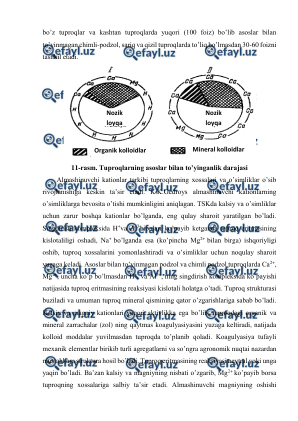  
 
bo’z tuproqlar va kashtan tuproqlarda yuqori (100 foiz) bo’lib asoslar bilan 
to’yinmagan chimli-podzol, sariq va qizil tuproqlarda to’liq bo’lmasdan 30-60 foizni 
tashkil etadi. 
 
11-rasm. Tuproqlarning asoslar bilan to’yinganlik darajasi 
Almashinuvchi kationlar tarkibi tuproqlarning xossalari va o’simliklar o’sib 
rivojlanishiga keskin ta’sir etadi. K.K.Gedroys almashinuvchi kationlarning 
o’simliklarga bevosita o’tishi mumkinligini aniqlagan. TSKda kalsiy va o’simliklar 
uchun zarur boshqa kationlar bo’lganda, eng qulay sharoit yaratilgan bo’ladi. 
Singdirish kompleksida H+va Al3+ ionlari ko’payib ketganda tuproq eritmasining 
kislotaliligi oshadi, Na+ bo’lganda esa (ko’pincha Mg2+ bilan birga) ishqoriyligi 
oshib, tuproq xossalarini yomonlashtiradi va o’simliklar uchun noqulay sharoit 
yuzaga keladi. Asoslar bilan to’yinmagan podzol va chimli podzol tuproqlarda Ca2+, 
Mg2+, uncha ko’p bo’lmasdan H+, va Al3+, ning singdirish kompleksida ko’payishi 
natijasida tuproq eritmasining reaksiyasi kislotali holatga o’tadi. Tuproq strukturasi 
buziladi va umuman tuproq mineral qismining qator o’zgarishlariga sabab bo’ladi. 
Kalsiy va magniy kationlari yuqori aktivlikka ega bo’lib, tuproqdagi organik va 
mineral zarrachalar (zol) ning qaytmas koagulyasiyasini yuzaga keltiradi, natijada 
kolloid moddalar yuvilmasdan tuproqda to’planib qoladi. Koagulyasiya tufayli 
mexanik elementlar birikib turli agregatlarni va so’ngra agronomik nuqtai nazardan 
mustahkam struktura hosil bo’ladi. Tuproq eritmasining reaksiyasi neytral yoki unga 
yaqin bo’ladi. Ba’zan kalsiy va magniyning nisbati o’zgarib, Mg2+ ko’payib borsa 
tuproqning xossalariga salbiy ta’sir etadi. Almashinuvchi magniyning oshishi 
Nozik 
loyqa 
Nozik 
loyqa 
Organik kolloidlar 
Mineral kolloidlar 
