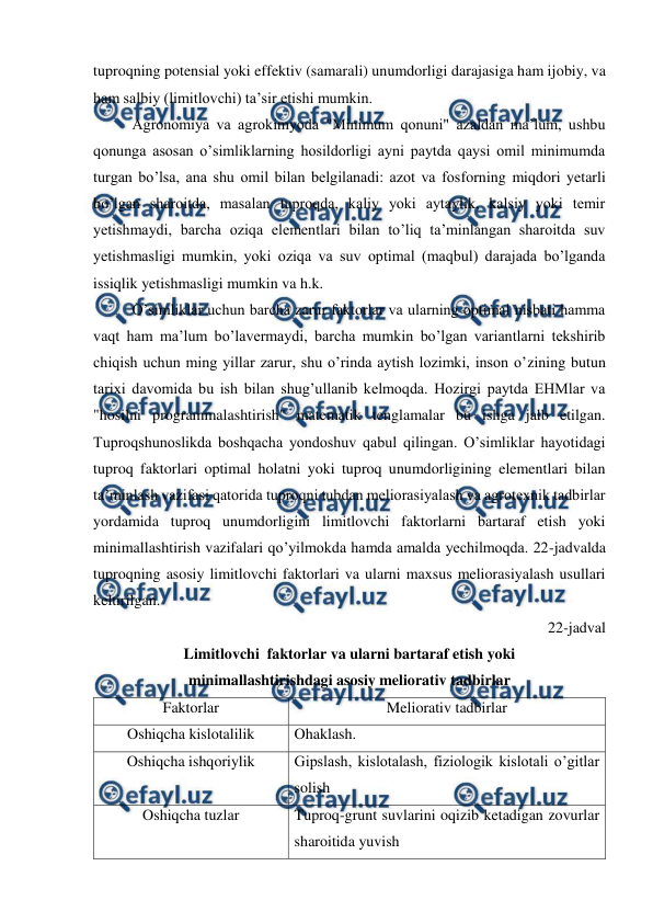  
 
tuproqning potensial yoki effektiv (samarali) unumdorligi darajasiga ham ijobiy, va 
ham salbiy (limitlovchi) ta’sir etishi mumkin. 
Agronomiya va agrokimyoda "Minimum qonuni" azaldan ma’lum, ushbu 
qonunga asosan o’simliklarning hosildorligi ayni paytda qaysi omil minimumda 
turgan bo’lsa, ana shu omil bilan belgilanadi: azot va fosforning miqdori yetarli 
bo’lgan sharoitda, masalan tuproqda, kaliy yoki aytaylik, kalsiy yoki temir 
yetishmaydi, barcha oziqa elementlari bilan to’liq ta’minlangan sharoitda suv 
yetishmasligi mumkin, yoki oziqa va suv optimal (maqbul) darajada bo’lganda 
issiqlik yetishmasligi mumkin va h.k. 
O’simliklar uchun barcha zarur faktorlar va ularning optimal nisbati hamma 
vaqt ham ma’lum bo’lavermaydi, barcha mumkin bo’lgan variantlarni tekshirib 
chiqish uchun ming yillar zarur, shu o’rinda aytish lozimki, inson o’zining butun 
tarixi davomida bu ish bilan shug’ullanib kelmoqda. Hozirgi paytda EHMlar va 
"hosilni programmalashtirish" matematik tenglamalar bu ishga jalb etilgan. 
Tuproqshunoslikda boshqacha yondoshuv qabul qilingan. O’simliklar hayotidagi 
tuproq faktorlari optimal holatni yoki tuproq unumdorligining elementlari bilan 
ta’minlash vazifasi qatorida tuproqni tubdan meliorasiyalash va agrotexnik tadbirlar 
yordamida tuproq unumdorligini limitlovchi faktorlarni bartaraf etish yoki 
minimallashtirish vazifalari qo’yilmokda hamda amalda yechilmoqda. 22-jadvalda 
tuproqning asosiy limitlovchi faktorlari va ularni maxsus meliorasiyalash usullari 
keltirilgan. 
22-jadval 
Limitlovchi  faktorlar va ularni bartaraf etish yoki  
minimallashtirishdagi asosiy meliorativ tadbirlar 
Faktorlar 
Meliorativ tadbirlar 
Oshiqcha kislotalilik 
Ohaklash. 
Oshiqcha ishqoriylik 
Gipslash, kislotalash, fiziologik kislotali o’gitlar 
solish 
Oshiqcha tuzlar 
Tuproq-grunt suvlarini oqizib ketadigan zovurlar 
sharoitida yuvish 
