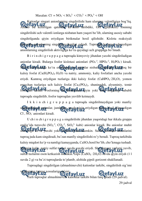  
 
Masalan: Cl- = NO3- < SO42- < CO32- < PO43- < OH- 
Kationlar singari anionlarning singdirilishi ham ularning valentligiga bog’liq. 
Ammo bu keltirilgan qatordan ko’rinib turibdiki, OH- (gidroksil) ionining 
singdirilishi uch valentli ionlarga nisbatan ham yuqori bo’lib, ularning asosiy sababi 
singdirilganda qiyin eriydigan birikmalar hosil qilishidir. Kislota reaksiyali 
sharoitda anionlarning singdiriluvchanligi oshadi. Tuproqda ko’proq uchraydigan 
anionlarning singdirilish aktivligiga ko’ra quyidagi uch gruppaga bo’linadi. 
B i r i n ch i g r u p p a g a tuproqda kimyoviy jihatdan yaxshi singdiriladigan 
anionlar kiradi. Bularga fosfor kislotasi anionlari (PO4-3, HPO4-2, H2PO4-) kiradi. 
Muhit reaksiyasiga ko’ra eritmadagi bu anionlar nisbati o’zgaradi. Ko’proq bir 
kalsiy fosfat (Ca(H2PO4)2·H2O) va natriy, ammoniy, kaliy fosfatlari ancha yaxshi 
eriydi. Kamroq eriydigan tuzlariga ikki kalsiy fosfat (CaHPO4·2H2O), yomon 
eruvchan tuzlariga uch kalsiy fosfat [Ca3(PO4)2, shuningdek, alyuminiy, temir 
fosfatlari kiradi. Fosforning bu birikmalari qiyin yoki kam eriganligi sababli 
tuproqda singdirilib, fosfor tuproqdan yuvilib ketmaydi. 
I k k i n ch i g r u p p a g a tuproqda singdirilmaydigan yoki manfiy 
singdiriladigan anionlar, jumladan, suvda qiyin eriydigan tuzlar hosil qilmaydigan 
Cl-, NO3- anionlari kiradi.  
U ch i n ch i g r u p p a g a singdirilishi jihatdan yuqoridagi har ikkala gruppa 
oralig’ida turuvchi (SO4-2, CO3-2, SiO22- kabi) anionlar kiradi. Bu anionlar muhit 
sharoitiga ko’ra yaxshi yoki yomon erishi mumkin. Sulfat kislotasi anionlarini 
tuproq juda kam singdiradi, ba’zan manfiy singdirilishi ro’y beradi. Tuproq tarkibida 
kalsiy miqdori ko’p va namligi kamayganda, CaSO4 hosil bo’lib, cho’kmaga tushadi. 
Magniy, kaliy, natriy sulfat tuzlari suvda yaxshi eriydi. Sho’rlangan yerlarni yuvib, 
sulfat tuzlarini oson ketkazish mumkin. Gips (CaSO4 ·2H2O) suvda qiyin eriydi (1 l 
suvda 2 g) va ba’zi tuproqlarda to’planib, alohida gipsli gorizont shakllanadi. 
Tuproqdagi singdirilgan (almashinuvchi) kationlar tarkibi, singdirilish sig’imi 
va ularning tuproq xossalariga ta’siri. 
Turli tuproqlar almashinuvchi kationlar tarkibi bilan farq qiladi (29-jadval). 
29-jadval 
