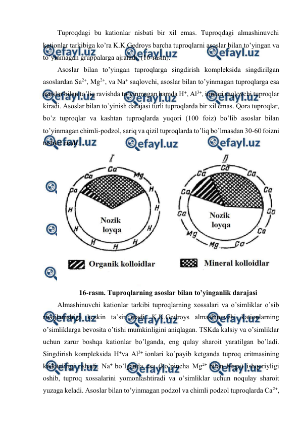  
 
Tuproqdagi bu kationlar nisbati bir xil emas. Tuproqdagi almashinuvchi 
kationlar tarkibiga ko’ra K.K.Gedroys barcha tuproqlarni asoslar bilan to’yingan va 
to’yinmagan gruppalarga ajratadi. (16-rasm). 
Asoslar bilan to’yingan tuproqlarga singdirish kompleksida singdirilgan 
asoslardan Sa2+, Mg2+, va Na+ saqlovchi, asoslar bilan to’yinmagan tuproqlarga esa 
asoslar bilan to’liq ravishda to’yinmagan hamda H+, Al3+, ionlari saqlovchi tuproqlar 
kiradi. Asoslar bilan to’yinish darajasi turli tuproqlarda bir xil emas. Qora tuproqlar, 
bo’z tuproqlar va kashtan tuproqlarda yuqori (100 foiz) bo’lib asoslar bilan 
to’yinmagan chimli-podzol, sariq va qizil tuproqlarda to’liq bo’lmasdan 30-60 foizni 
tashkil etadi. 
 
16-rasm. Tuproqlarning asoslar bilan to’yinganlik darajasi 
Almashinuvchi kationlar tarkibi tuproqlarning xossalari va o’simliklar o’sib 
rivojlanishiga keskin ta’sir etadi. K.K.Gedroys almashinuvchi kationlarning 
o’simliklarga bevosita o’tishi mumkinligini aniqlagan. TSKda kalsiy va o’simliklar 
uchun zarur boshqa kationlar bo’lganda, eng qulay sharoit yaratilgan bo’ladi. 
Singdirish kompleksida H+va Al3+ ionlari ko’payib ketganda tuproq eritmasining 
kislotaliligi oshadi, Na+ bo’lganda esa (ko’pincha Mg2+ bilan birga) ishqoriyligi 
oshib, tuproq xossalarini yomonlashtiradi va o’simliklar uchun noqulay sharoit 
yuzaga keladi. Asoslar bilan to’yinmagan podzol va chimli podzol tuproqlarda Ca2+, 
