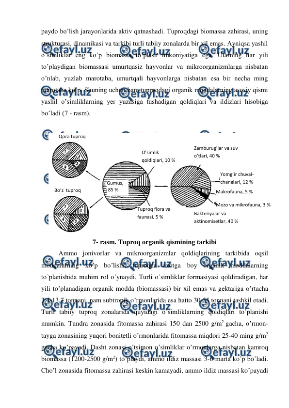  
 
paydo bo’lish jarayonlarida aktiv qatnashadi. Tuproqdagi biomassa zahirasi, uning 
strukturasi, dinamikasi va tarkibi turli tabiiy zonalarda bir xil emas. Ayniqsa yashil 
o’simliklar eng ko’p biomassa to’plash imkoniyatiga ega. Ularning har yili 
to’playdigan biomassasi umurtqasiz hayvonlar va mikroorganizmlarga nisbatan 
o’nlab, yuzlab marotaba, umurtqali hayvonlarga nisbatan esa bir necha ming 
marotaba ko’p. Shuning uchun ham tuproqdagi organik moddalarning asosiy qismi 
yashil o’simliklarning yer yuzasiga tushadigan qoldiqlari va ildizlari hisobiga 
bo’ladi (7 - rasm). 
 
 
7- rasm. Tuproq organik qismining tarkibi 
Ammo jonivorlar va mikroorganizmlar qoldiqlarining tarkibida oqsil 
moddalarning ko’p bo’lishi, tuproqda azotga boy organik moddalarning 
to’planishida muhim rol o’ynaydi. Turli o’simliklar formasiyasi qoldiradigan, har 
yili to’planadigan organik modda (biomassasi) bir xil emas va gektariga o’rtacha 
3,4-13,7 tonnani, nam subtropik o’rmonlarida esa hatto 30-35 tonnani tashkil etadi. 
Turli tabiiy tuproq zonalarida quyidagi o’simliklarning qoldiqlari to’planishi 
mumkin. Tundra zonasida fitomassa zahirasi 150 dan 2500 g/m2 gacha, o’rmon-
tayga zonasining yuqori bonitetli o’rmonlarida fitomassa miqdori 25-40 ming g/m2 
gacha ko’payadi. Dasht zonasi o’tsimon o’simliklar o’rmonlarga nisbatan kamroq 
biomassa (1200-2500 g/m2) to’playdi, ammo ildiz massasi 3-6 marta ko’p bo’ladi. 
Cho’l zonasida fitomassa zahirasi keskin kamayadi, ammo ildiz massasi ko’payadi 
Qora tuproq 
O’simlik 
qoldiqlari, 10 % 
Zamburug’lar va suv 
o’tlari, 40 % 
Bo’z  tuproq 
Yomg’ir chuval-
changlari, 12 % 
Makrofauna, 5 % 
Mezo va mikrofauna, 3 % 
Bakteriyalar va 
aktinomisetlar, 40 % 
Tuproq flora va 
faunasi, 5 % 
Gumus, 
 85 % 
