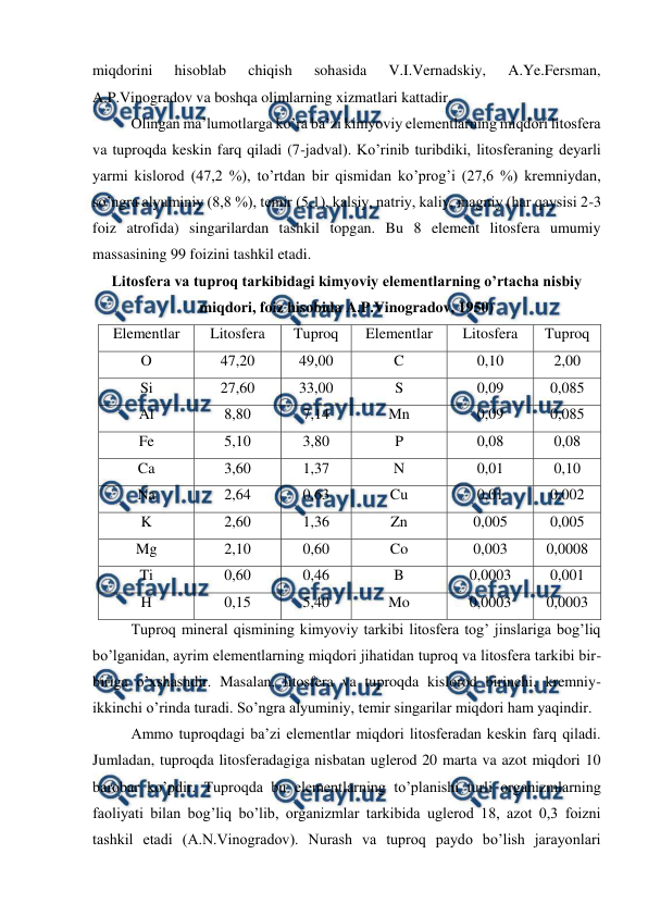  
 
miqdorini 
hisoblab 
chiqish 
sohasida 
V.I.Vernadskiy, 
A.Ye.Fersman, 
A.P.Vinogradov va boshqa olimlarning xizmatlari kattadir.  
Olingan ma’lumotlarga ko’ra ba’zi kimyoviy elementlarning miqdori litosfera 
va tuproqda keskin farq qiladi (7-jadval). Ko’rinib turibdiki, litosferaning deyarli 
yarmi kislorod (47,2 %), to’rtdan bir qismidan ko’prog’i (27,6 %) kremniydan, 
so’ngra alyuminiy (8,8 %), temir (5,1), kalsiy, natriy, kaliy, magniy (har qaysisi 2-3 
foiz atrofida) singarilardan tashkil topgan. Bu 8 element litosfera umumiy 
massasining 99 foizini tashkil etadi. 
Litosfera va tuproq tarkibidagi kimyoviy elementlarning o’rtacha nisbiy  
miqdori, foiz hisobida A.P.Vinogradov, 1950) 
Elementlar  
Litosfera  
Tuproq  
Elementlar  
Litosfera  
Tuproq  
O 
47,20 
49,00 
C 
0,10 
2,00 
Si 
27,60 
33,00 
S 
0,09 
0,085 
Al 
8,80 
7,14 
Mn 
0,09 
0,085 
Fe 
5,10 
3,80 
P 
0,08 
0,08 
Ca 
3,60 
1,37 
N 
0,01 
0,10 
Na 
2,64 
0,63 
Cu 
0,01 
0,002 
K 
2,60 
1,36 
Zn 
0,005 
0,005 
Mg 
2,10 
0,60 
Co 
0,003 
0,0008 
Ti 
0,60 
0,46 
B 
0,0003 
0,001 
H 
0,15 
5,40 
Mo 
0,0003 
0,0003 
Tuproq mineral qismining kimyoviy tarkibi litosfera tog’ jinslariga bog’liq 
bo’lganidan, ayrim elementlarning miqdori jihatidan tuproq va litosfera tarkibi bir-
biriga o’xshashdir. Masalan, litosfera va tuproqda kislorod birinchi, kremniy-
ikkinchi o’rinda turadi. So’ngra alyuminiy, temir singarilar miqdori ham yaqindir. 
Ammo tuproqdagi ba’zi elementlar miqdori litosferadan keskin farq qiladi. 
Jumladan, tuproqda litosferadagiga nisbatan uglerod 20 marta va azot miqdori 10 
barobar ko’pdir. Tuproqda bu elementlarning to’planishi turli organizmlarning 
faoliyati bilan bog’liq bo’lib, organizmlar tarkibida uglerod 18, azot 0,3 foizni 
tashkil etadi (A.N.Vinogradov). Nurash va tuproq paydo bo’lish jarayonlari 
