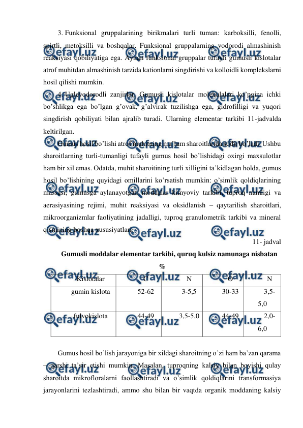  
 
3. Funksional gruppalarining birikmalari turli tuman: karboksilli, fenolli, 
spirtli, metoksilli va boshqalar. Funksional gruppalarning vodorodi almashinish 
reaksiyasi qobiliyatiga ega. Aynan funksional gruppalar tufayli gumusli kislotalar 
atrof muhitdan almashinish tarzida kationlarni singdirishi va kolloidli komplekslarni 
hosil qilishi mumkin. 
4. Uglevodorodli zanjirlar. Gumusli kislotalar molekulalari ko’pgina ichki 
bo’shlikga ega bo’lgan g’ovak, g’alvirak tuzilishga ega, gidrofilligi va yuqori 
singdirish qobiliyati bilan ajralib turadi. Ularning elementar tarkibi 11-jadvalda 
keltirilgan. 
Gumus hosil bo’lishi atrof muhitning ma’lum sharoitlarida sodir bo’ladi. Ushbu 
sharoitlarning turli-tumanligi tufayli gumus hosil bo’lishidagi oxirgi maxsulotlar 
ham bir xil emas. Odatda, muhit sharoitining turli xilligini ta’kidlagan holda, gumus 
hosil bo’lishining quyidagi omillarini ko’rsatish mumkin: o’simlik qoldiqlarining 
massasi, gumusga aylanayotgan moddalar kimyoviy tarkibi, tuproq namligi va 
aerasiyasining rejimi, muhit reaksiyasi va oksidlanish – qaytarilish sharoitlari, 
mikroorganizmlar faoliyatining jadalligi, tuproq granulometrik tarkibi va mineral 
qismining boshqa xususiyatlari. 
11- jadval 
Gumusli moddalar elementar tarkibi, quruq kulsiz namunaga nisbatan 
% 
Kislotalar  
C 
N 
O 
N 
gumin kislota 
52-62 
3-5,5 
30-33 
3,5-
5,0 
fulvokislota 
44-49 
3,5-5,0 
44-49 
2,0-
6,0 
 
Gumus hosil bo’lish jarayoniga bir xildagi sharoitning o’zi ham ba’zan qarama 
– qarshi ta’sir etishi mumkin. Masalan, tuproqning kalsiy bilan boyishi qulay 
sharoitda mikrofloralarni faollashtiradi va o’simlik qoldiqlarini transformasiya 
jarayonlarini tezlashtiradi, ammo shu bilan bir vaqtda organik moddaning kalsiy 
