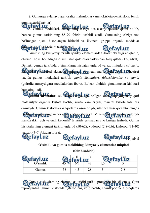  
 
2. Gumusga aylanayotgan oraliq mahsulotlar (aminokislota-oksikislota, fenol, 
monosaxarid kabilar). 
3. Gumus moddalari, chirindining o’ziga xos asosiy spesifik qismi bo’lib, 
barcha gumus tarkibining 85-90 foizini tashkil etadi. Gumusning o’ziga xos 
bo’lmagan qismi hisoblangan birinchi va ikkinchi gruppa organik moddalar 
gumusning 10-15 foizini tashkil etadi. 
Gumusning kimyoviy tarkibi qanday elementlardan iborat ekanligi aniqlanib, 
chirindi hosil bo’ladigan o’simliklar qoldiqlari tarkibidan farq qiladi (12-jadval). 
Demak, gumus tarkibida o’simliklarga nisbatan uglerod va azot miqdori ko’payib, 
kislorod va vodorod aksincha kamayadi. Olingan ma’lumotlarga ko’ra hozirgi 
vaqtda gumus moddalari tarkibi: gumin kislotalari, fulvokislotalar va gumin 
(gidrolizlanmaydigan) moddalardan iborat. Ba’zan alohida gimatomelan kislotasi 
ham ajratiladi.  
Gumin kislotalari siklik tuzilishga ega bo’lgan azot saqlaydigan yuqori 
molekulyar organik kislota bo’lib, suvda kam eriydi, mineral kislotalarda esa 
erimaydi. Gumin kislotalari ishqorlarda oson eriydi, ular eritmasi qoramtir rangda 
bo’lib, to’q jigarrangdan qoragacha o’zgarib turadi. Mineral kislotalarning vodorodi 
hamda ikki, uch valentli kationlar ta’sirida eritmadan cho’kmaga tushadi. Gumin 
kislotalarning element tarkibi uglerod (50-62), vodorod (2,8-6,6), kislorod (31-40) 
va azot (3-6) foizdan iborat. 
12-jadval 
O’simlik va gumus tarkibidagi kimyoviy elementlar miqdori 
(foiz hisobida) 
 
C 
H 
O 
N 
Kul 
O’simlik 
45 
6,5 
42 
1,5 
5 
Gumus 
58 
4,5 
28 
3 
2-8 
 
Gumin kislotalarning elementlar tarkibi turli tuproqlarda bir xil emas. Qora 
tuproqlardagi gumin kislotada uglerod eng ko’p bo’lib, chimli podzol tuproqlarda 
