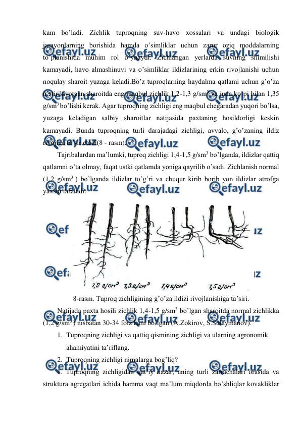  
 
kam bo’ladi. Zichlik tuproqning suv-havo xossalari va undagi biologik 
jarayonlarning borishida hamda o’simliklar uchun zarur oziq moddalarning 
to’planishida muhim rol o’ynaydi. Zichlangan yerlarda suvning shimilishi 
kamayadi, havo almashinuvi va o’simliklar ildizlarining erkin rivojlanishi uchun 
noqulay sharoit yuzaga keladi.Bo’z tuproqlarning haydalma qatlami uchun g’o’za 
o’stirilayotgan sharoitda eng maqbul zichlik 1,2-1,3 g/sm3 va juda ko’pi bilan 1,35 
g/sm3 bo’lishi kerak. Agar tuproqning zichligi eng maqbul chegaradan yuqori bo’lsa, 
yuzaga keladigan salbiy sharoitlar natijasida paxtaning hosildorligi keskin 
kamayadi. Bunda tuproqning turli darajadagi zichligi, avvalo, g’o’zaning ildiz 
rivojiga ta’sir etadi(8 - rasm). 
Tajribalardan ma’lumki, tuproq zichligi 1,4-1,5 g/sm3 bo’lganda, ildizlar qattiq 
qatlamni o’ta olmay, faqat ustki qatlamda yoniga qayrilib o’sadi. Zichlanish normal 
(1,2 g/sm3 ) bo’lganda ildizlar to’g’ri va chuqur kirib borib yon ildizlar atrofga 
yaxshi taraladi. 
 
8-rasm. Tuproq zichligining g’o’za ildizi rivojlanishiga ta’siri. 
Natijada paxta hosili zichlik 1,4-1,5 g/sm3 bo’lgan sharoitda normal zichlikka 
(1,2 g/sm3 ) nisbatan 30-34 foiz kam bo’lgan (A.Zokirov, S.Sulaymanov).  
1. Tuproqning zichligi va qattiq qismining zichligi va ularning agronomik 
ahamiyatini ta’riflang. 
2. Tuproqning zichligi nimalarga bog’liq? 
1. Tuproqning zichligidan qat’iy nazar, uning turli zarrachalari orasida va 
struktura agregatlari ichida hamma vaqt ma’lum miqdorda bo’shliqlar kovakliklar 
