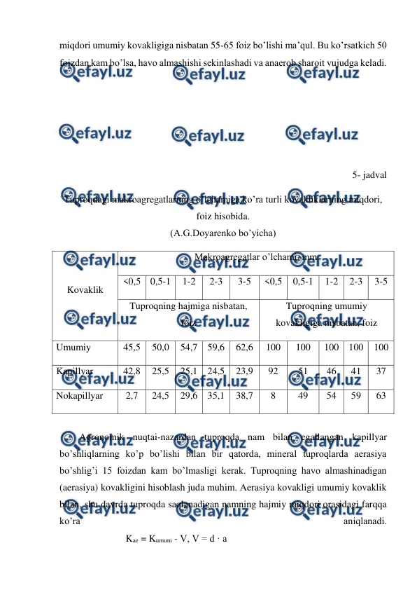  
 
miqdori umumiy kovakligiga nisbatan 55-65 foiz bo’lishi ma’qul. Bu ko’rsatkich 50 
foizdan kam bo’lsa, havo almashishi sekinlashadi va anaerob sharoit vujudga keladi. 
 
 
 
 
 
5- jadval 
Tuproqdagi makroagregatlarning o’lchamiga ko’ra turli kovakliklarning miqdori, 
foiz hisobida. 
(A.G.Doyarenko bo’yicha) 
Kovaklik 
Makroagregatlar o’lchami, mm 
<0,5 0,5-1 
1-2 
2-3 
3-5 
<0,5 
0,5-1 
1-2 
2-3 
3-5 
Tuproqning hajmiga nisbatan, 
foiz 
Tuproqning umumiy 
kovakligiga nisbatan, foiz 
Umumiy  
45,5 
50,0 
54,7 59,6 
62,6 
100 
100 
100 100 
100 
Kapillyar  
42,8 
25,5 
25,1 24,5 
23,9 
92 
51 
46 
41 
37 
Nokapillyar  
2,7 
24,5 
29,6 35,1 
38,7 
8 
49 
54 
59 
63 
 
Agronomik nuqtai-nazardan tuproqda nam bilan egallangan kapillyar 
bo’shliqlarning ko’p bo’lishi bilan bir qatorda, mineral tuproqlarda aerasiya 
bo’shlig’i 15 foizdan kam bo’lmasligi kerak. Tuproqning havo almashinadigan 
(aerasiya) kovakligini hisoblash juda muhim. Aerasiya kovakligi umumiy kovaklik 
bilan, shu davrda tuproqda saqlanadigan namning hajmiy miqdori orasidagi farqqa 
ko’ra 
aniqlanadi. 
                           Kae = Kumum - V, V = d · a  
