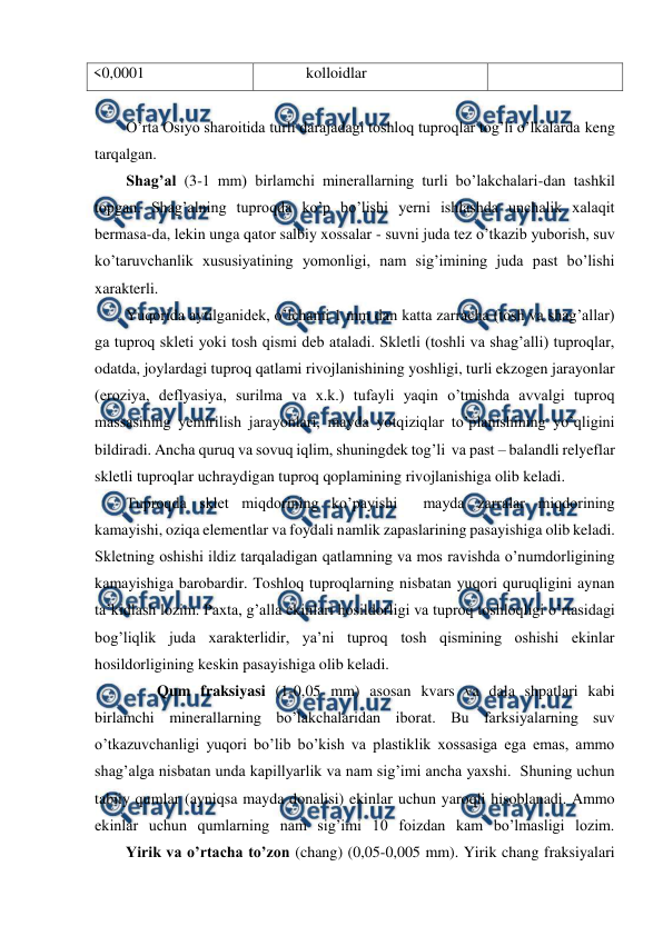  
 
<0,0001 
            kolloidlar 
 
O’rta Osiyo sharoitida turli darajadagi toshloq tuproqlar tog’li o’lkalarda keng 
tarqalgan. 
Shag’al (3-1 mm) birlamchi minerallarning turli bo’lakchalari-dan tashkil 
topgan. Shag’alning tuproqda ko’p bo’lishi yerni ishlashda unchalik xalaqit 
bermasa-da, lekin unga qator salbiy xossalar - suvni juda tez o’tkazib yuborish, suv 
ko’taruvchanlik xususiyatining yomonligi, nam sig’imining juda past bo’lishi 
xarakterli. 
Yuqorida aytilganidek, o’lchami 1 mm dan katta zarracha (tosh va shag’allar) 
ga tuproq skleti yoki tosh qismi deb ataladi. Skletli (toshli va shag’alli) tuproqlar, 
odatda, joylardagi tuproq qatlami rivojlanishining yoshligi, turli ekzogen jarayonlar 
(eroziya, deflyasiya, surilma va x.k.) tufayli yaqin o’tmishda avvalgi tuproq 
massasining yemirilish jarayonlari, mayda yotqiziqlar to’planishining yo’qligini 
bildiradi. Ancha quruq va sovuq iqlim, shuningdek tog’li  va past – balandli relyeflar 
skletli tuproqlar uchraydigan tuproq qoplamining rivojlanishiga olib keladi. 
Tuproqda sklet miqdorining ko’payishi  mayda zarralar miqdorining 
kamayishi, oziqa elementlar va foydali namlik zapaslarining pasayishiga olib keladi. 
Skletning oshishi ildiz tarqaladigan qatlamning va mos ravishda o’numdorligining 
kamayishiga barobardir. Toshloq tuproqlarning nisbatan yuqori quruqligini aynan 
ta’kidlash lozim. Paxta, g’alla ekinlari hosildorligi va tuproq toshloqligi o’rtasidagi 
bog’liqlik juda xarakterlidir, ya’ni tuproq tosh qismining oshishi ekinlar 
hosildorligining keskin pasayishiga olib keladi.  
        Qum fraksiyasi (1-0,05 mm) asosan kvars va dala shpatlari kabi 
birlamchi minerallarning bo’lakchalaridan iborat. Bu farksiyalarning suv 
o’tkazuvchanligi yuqori bo’lib bo’kish va plastiklik xossasiga ega emas, ammo 
shag’alga nisbatan unda kapillyarlik va nam sig’imi ancha yaxshi.  Shuning uchun 
tabiiy qumlar (ayniqsa mayda donalisi) ekinlar uchun yaroqli hisoblanadi. Ammo 
ekinlar uchun qumlarning nam sig’imi 10 foizdan kam bo’lmasligi lozim. 
        Yirik va o’rtacha to’zon (chang) (0,05-0,005 mm). Yirik chang fraksiyalari 
