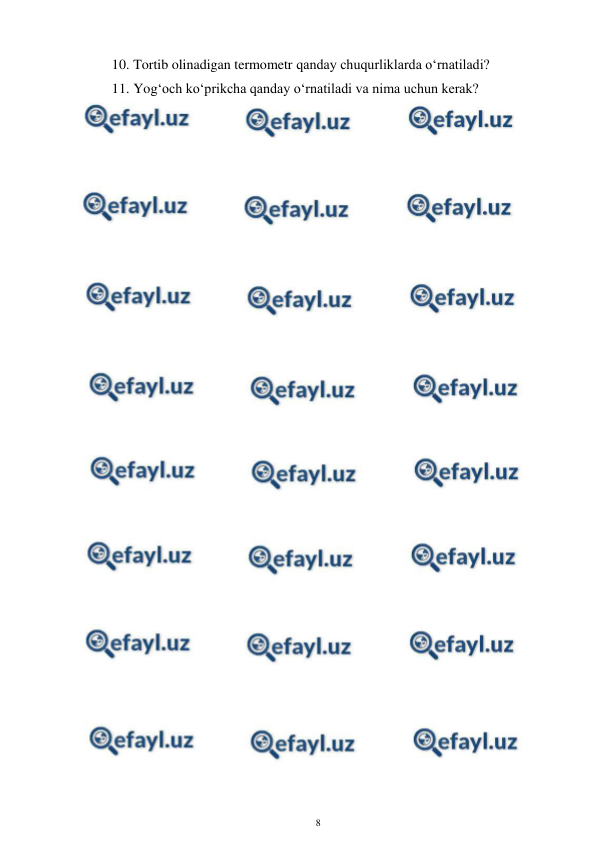  
8 
 
10. Tortib olinadigan termometr qanday chuqurliklarda o‘rnatiladi? 
11. Yog‘och ko‘prikcha qanday o‘rnatiladi va nima uchun kerak? 
 
