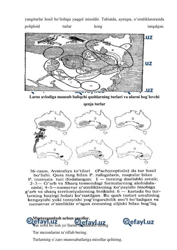  
 
yangiturlar hosil bo‘lishiga yaqqol misoldir. Tabiatda, ayniqsa, o‘simliklarorasida 
poliploid 
turlar 
keng 
 
tarqalgan. 
 
Larus avlodiga mansub baliqchi qushlarning turlari va ularni bog`lovchi 
qenja turlar 
 
 
Mustaxqamlash uchun savollar. 
Tur xosil bo`lish yo`llarini tushuntirib bering 
Tur mezonlarini ta`riflab bering. 
Turlarning o`zaro munosabatlariga misollar qeltiring. 
