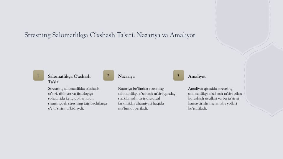 Stresning Salomatlikga O'xshash Ta'siri: Nazariya va Amaliyot
1
Salomatlikga O'xshash 
Ta'sir
Stresning salomatlikka o'xshash 
ta'siri, tibbiyot va fiziologiya 
sohalarida keng qo'llaniladi, 
shuningdek stresning tajribachilarga 
o'z ta'sirini ta'kidlaydi.
2
Nazariya
Nazariya bo'limida stresning 
salomatlikga o'xshash ta'siri qanday 
shakllanishi va individiyal 
farkliliklar ahamiyati haqida 
ma'lumot beriladi.
3
Amaliyot
Amaliyot qismida stresning 
salomatlikga o'xshash ta'siri bilan 
kurashish usullari va bu ta'sirni 
kamaytirishning amaliy yollari 
ko'rsatiladi.
