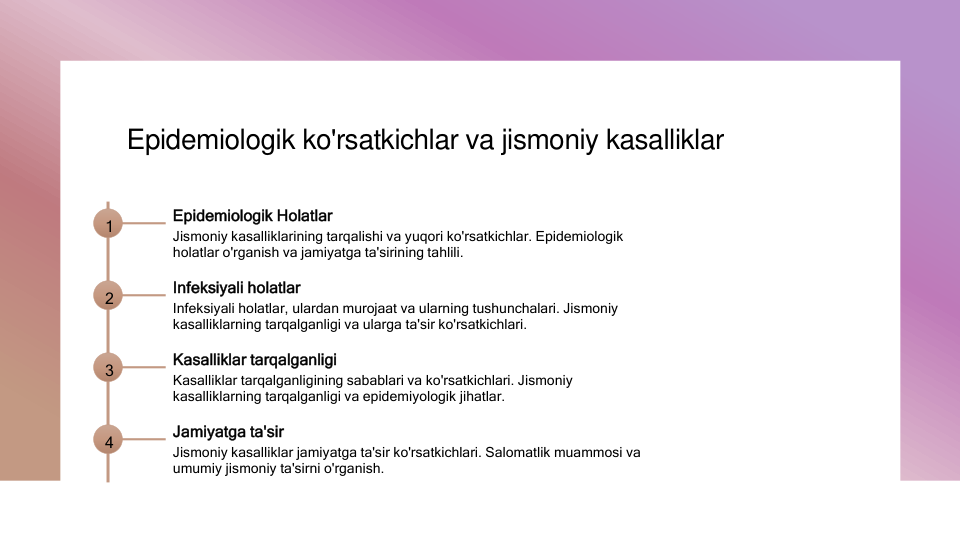 Epidemiologik ko'rsatkichlar va jismoniy kasalliklar
1
Epidemiologik Holatlar
Jismoniy kasalliklarining tarqalishi va yuqori ko'rsatkichlar. Epidemiologik 
holatlar o'rganish va jamiyatga ta'sirining tahlili.
2
Infeksiyali holatlar
Infeksiyali holatlar, ulardan murojaat va ularning tushunchalari. Jismoniy 
kasalliklarning tarqalganligi va ularga ta'sir ko'rsatkichlari.
3
Kasalliklar tarqalganligi
Kasalliklar tarqalganligining sabablari va ko'rsatkichlari. Jismoniy 
kasalliklarning tarqalganligi va epidemiyologik jihatlar.
4
Jamiyatga ta'sir
Jismoniy kasalliklar jamiyatga ta'sir ko'rsatkichlari. Salomatlik muammosi va 
umumiy jismoniy ta'sirni o'rganish.
