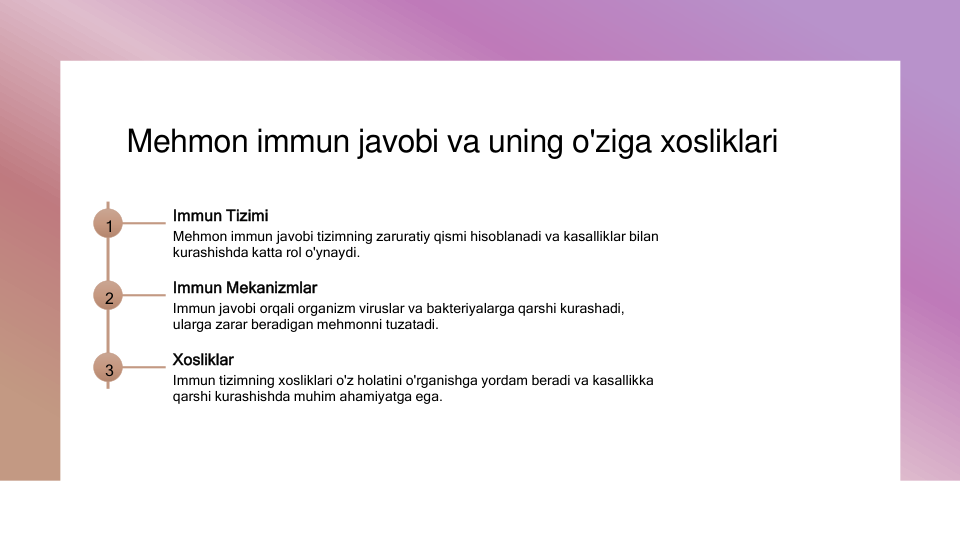 Mehmon immun javobi va uning o'ziga xosliklari
1
Immun Tizimi
Mehmon immun javobi tizimning zaruratiy qismi hisoblanadi va kasalliklar bilan 
kurashishda katta rol o'ynaydi.
2
Immun Mekanizmlar
Immun javobi orqali organizm viruslar va bakteriyalarga qarshi kurashadi, 
ularga zarar beradigan mehmonni tuzatadi.
3
Xosliklar
Immun tizimning xosliklari o'z holatini o'rganishga yordam beradi va kasallikka 
qarshi kurashishda muhim ahamiyatga ega.
