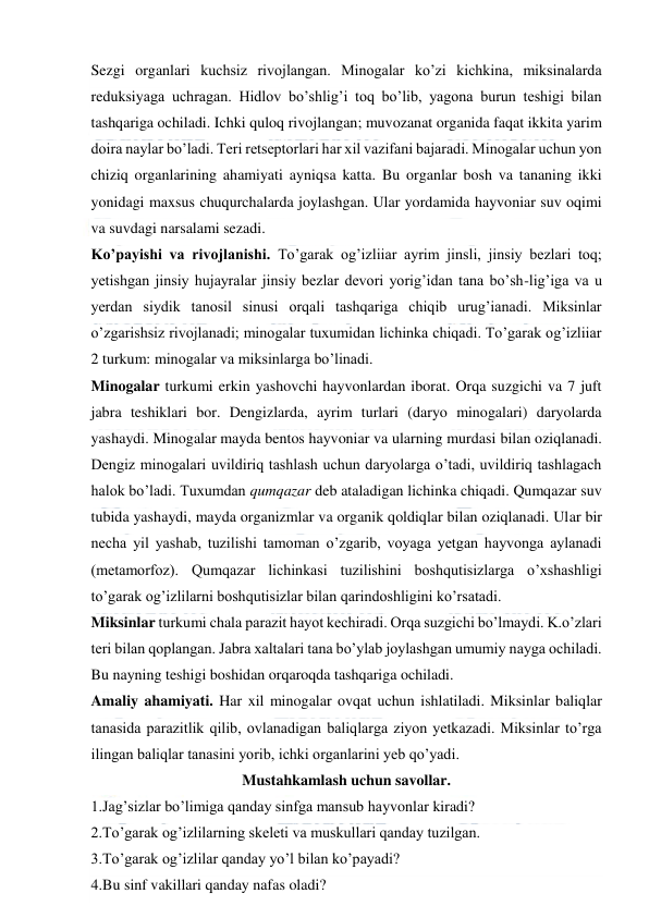  
 
Sezgi organlari kuchsiz rivojlangan. Minogalar ko’zi kichkina, miksinalarda 
reduksiyaga uchragan. Hidlov bo’shlig’i toq bo’lib, yagona burun teshigi bilan 
tashqariga ochiladi. Ichki quloq rivojlangan; muvozanat organida faqat ikkita yarim 
doira naylar bo’ladi. Teri retseptorlari har xil vazifani bajaradi. Minogalar uchun yon 
chiziq organlarining ahamiyati ayniqsa katta. Bu organlar bosh va tananing ikki 
yonidagi maxsus chuqurchalarda joylashgan. Ular yordamida hayvoniar suv oqimi 
va suvdagi narsalami sezadi. 
Ko’payishi va rivojlanishi. To’garak og’izliiar ayrim jinsli, jinsiy bezlari toq; 
yetishgan jinsiy hujayralar jinsiy bezlar devori yorig’idan tana bo’sh-lig’iga va u 
yerdan siydik tanosil sinusi orqali tashqariga chiqib urug’ianadi. Miksinlar 
o’zgarishsiz rivojlanadi; minogalar tuxumidan lichinka chiqadi. To’garak og’izliiar 
2 turkum: minogalar va miksinlarga bo’linadi. 
Minogalar turkumi erkin yashovchi hayvonlardan iborat. Orqa suzgichi va 7 juft 
jabra teshiklari bor. Dengizlarda, ayrim turlari (daryo minogalari) daryolarda 
yashaydi. Minogalar mayda bentos hayvoniar va ularning murdasi bilan oziqlanadi. 
Dengiz minogalari uvildiriq tashlash uchun daryolarga o’tadi, uvildiriq tashlagach 
halok bo’ladi. Tuxumdan qumqazar deb ataladigan lichinka chiqadi. Qumqazar suv 
tubida yashaydi, mayda organizmlar va organik qoldiqlar bilan oziqlanadi. Ular bir 
necha yil yashab, tuzilishi tamoman o’zgarib, voyaga yetgan hayvonga aylanadi 
(metamorfoz). Qumqazar lichinkasi tuzilishini boshqutisizlarga o’xshashligi 
to’garak og’izlilarni boshqutisizlar bilan qarindoshligini ko’rsatadi. 
Miksinlar turkumi chala parazit hayot kechiradi. Orqa suzgichi bo’lmaydi. K.o’zlari 
teri bilan qoplangan. Jabra xaltalari tana bo’ylab joylashgan umumiy nayga ochiladi. 
Bu nayning teshigi boshidan orqaroqda tashqariga ochiladi. 
Amaliy ahamiyati. Har xil minogalar ovqat uchun ishlatiladi. Miksinlar baliqlar 
tanasida parazitlik qilib, ovlanadigan baliqlarga ziyon yetkazadi. Miksinlar to’rga 
ilingan baliqlar tanasini yorib, ichki organlarini yeb qo’yadi. 
Mustahkamlash uchun savollar. 
1.Jag’sizlar bo’limiga qanday sinfga mansub hayvonlar kiradi? 
2.To’garak og’izlilarning skeleti va muskullari qanday tuzilgan. 
3.To’garak og’izlilar qanday yo’l bilan ko’payadi? 
4.Bu sinf vakillari qanday nafas oladi? 
