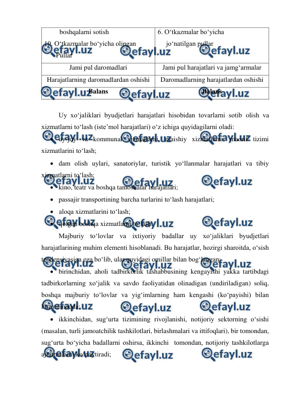  
 
         boshqalarni sotish 
10. O‘tkazmalar bo‘yicha olingan 
       Pullar 
6. O‘tkazmalar bo‘yicha 
     jo‘natilgan pullar 
 
Jami pul daromadlari 
Jami pul harajatlari va jamg‘armalar 
Harajatlarning daromadlardan oshishi 
Daromadlarning harajatlardan oshishi 
Balans 
Balans 
 
Uy xo‘jaliklari byudjetlari harajatlari hisobidan tovarlarni sotib olish va 
xizmatlarni to‘lash (iste’mol harajatlari) o‘z ichiga quyidagilarni oladi: 
 uy-joy va kommunal xizmatlarni, maishiy xizmatlarni, maorif tizimi 
xizmatlarini to‘lash; 
 dam olish uylari, sanatoriylar, turistik yo‘llanmalar harajatlari va tibiy 
xizmatlarni to‘lash; 
 kino, teatr va boshqa tamoshalar harajatlari; 
 passajir transportining barcha turlarini to‘lash harajatlari; 
 aloqa xizmatlarini to‘lash; 
 qolgan boshqa xizmatlarni to‘lash. 
Majburiy to‘lovlar va ixtiyoriy badallar uy xo‘jaliklari byudjetlari 
harajatlarining muhim elementi hisoblanadi. Bu harajatlar, hozirgi sharoitda, o‘sish 
tendensiyasiga ega bo‘lib, ular quyidagi omillar bilan bog‘langan: 
 birinchidan, aholi tadbirkorlik tashabbusining kengayishi yakka tartibdagi  
tadbirkorlarning xo‘jalik va savdo faoliyatidan olinadigan (undiriladigan) soliq, 
boshqa majburiy to‘lovlar va yig‘imlarning ham kengashi (ko‘payishi) bilan 
kuzatilmoqda; 
 ikkinchidan, sug‘urta tizimining rivojlanishi, notijoriy sektorning o‘sishi 
(masalan, turli jamoatchilik tashkilotlari, birlashmalari va ittifoqlari), bir tomondan, 
sug‘urta bo‘yicha badallarni oshirsa, ikkinchi  tomondan, notijoriy tashkilotlarga 
ajratmalarni ko‘paytiradi; 
