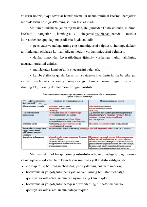  
 
va zarur nooziq-ovqat tovarlar hamda xizmatlar uchun minimal iste’mol harajatlari 
bir oyda kishi boshiga 498 ming so‘mni tashkil etadi. 
Ma’lum qilinishicha, jahon tajribasida, shu jumladan O‘zbekistonda, minimal 
iste’mol 
harajatlari 
kambag‘allik 
chegarasi hisoblanadi hamda 
mazkur 
ko‘rsatkichdan quyidagi maqsadlarda foydalaniladi: 
 pensiyalar va nafaqalarning eng kam miqdorini belgilash, shuningdek, kam 
ta’minlangan oilalarga ko‘rsatiladigan moddiy yordam miqdorini belgilash; 
 davlat tomonidan ko‘rsatiladigan ijtimoiy yordamga muhtoj aholining 
maqsadli guruhini aniqlash; 
 mamlakatda kambag‘allik chegarasini belgilash; 
 kambag‘allikka qarshi kurashish strategiyasi va dasturlarida belgilangan 
vazifa 
va chora-tadbirlarning 
natijadorligi 
hamda 
manzilliligini 
oshirish, 
shuningdek, ularning doimiy monitoringini yuritish. 
 
Minimal iste’mol harajatlarining oshirilishi ortidan quyidagi turdagi pensiya 
va nafaqalar miqdorlari ham kamida shu summaga yetkazilishi kutilgan edi: 
 ish staji to‘liq bo‘lmagan chog‘dagi pensiyalarning eng kam miqdori; 
 boquvchisini yo‘qotganlik pensiyasi oluvchilarning bir nafar mehnatga 
qobiliyatsiz oila a’zosi uchun pensiyaning eng kam miqdori; 
 boquvchisini yo‘qotganlik nafaqasi oluvchilarning bir nafar mehnatga 
qobiliyatsiz oila a’zosi uchun nafaqa miqdori. 
