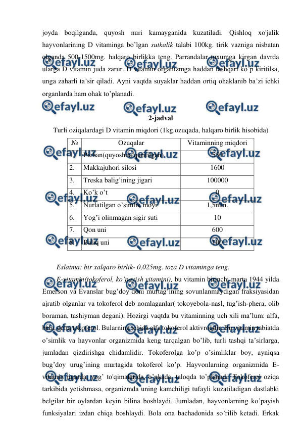  
 
joyda boqilganda, quyosh nuri kamayganida kuzatiladi. Qishloq xo'jalik 
hayvonlarining D vitaminga bo’lgan sutkalik talabi 100kg. tirik vazniga nisbatan 
olganda 500-1500mg. halqaro birlikka teng. Parrandalar tuxumga kirgan davrda 
ularga D vitamin juda zarur. D vitamin organizmga haddan tashqari ko’p kiritilsa, 
unga zaharli ta’sir qiladi. Ayni vaqtda suyaklar haddan ortiq ohaklanib ba’zi ichki 
organlarda ham ohak to’planadi. 
                                                                                
2-jadval 
Turli oziqalardagi D vitamin miqdori (1kg.ozuqada, halqaro birlik hisobida) 
№ 
Ozuqalar 
Vitaminning miqdori 
1. 
Pichan(quyoshda quritilgan) 
550 
2. 
Makkajuhori silosi 
1600 
3. 
Treska balig’ining jigari 
100000 
4. 
Ko’k o’t 
0 
5. 
Nurlatilgan o’simlik moyi 
1,5mln. 
6. 
Yog’i olinmagan sigir suti 
10 
7. 
Qon uni 
600 
8. 
Baliq uni 
100 
 
Eslatma: bir xalqaro birlik- 0,025mg. toza D vitaminga teng. 
E-vitamin(tokoferol, ko’payish vitamini), bu vitamin birinchi marta 1944 yilda 
Emerson va Evanslar bug’doy doni murtag’ining sovunlanmaydigan fraksiyasidan 
ajratib olganlar va tokoferol deb nomlaganlar( tokoyebola-nasl, tug’ish-phera, olib 
boraman, tashiyman degani). Hozirgi vaqtda bu vitaminning uch xili ma’lum: alfa, 
beta, delta tokoferol. Bularning ichida alfa tokoferol aktivroqdir. Bu vitamin tabiatda 
o’simlik va hayvonlar organizmida keng tarqalgan bo’lib, turli tashqi ta’sirlarga, 
jumladan qizdirishga chidamlidir. Tokoferolga ko’p o’simliklar boy, ayniqsa 
bug’doy urug’ining murtagida tokoferol ko’p. Hayvonlarning organizmida E-
vitamin jigarda, yog’ to'qimalarida, o’pkada, taloqda to’planadi. Tokoferol oziqa 
tarkibida yetishmasa, organizmda uning kamchiligi tufayli kuzatiladigan dastlabki 
belgilar bir oylardan keyin bilina boshlaydi. Jumladan, hayvonlarning ko’payish 
funksiyalari izdan chiqa boshlaydi. Bola ona bachadonida so’rilib ketadi. Erkak 
