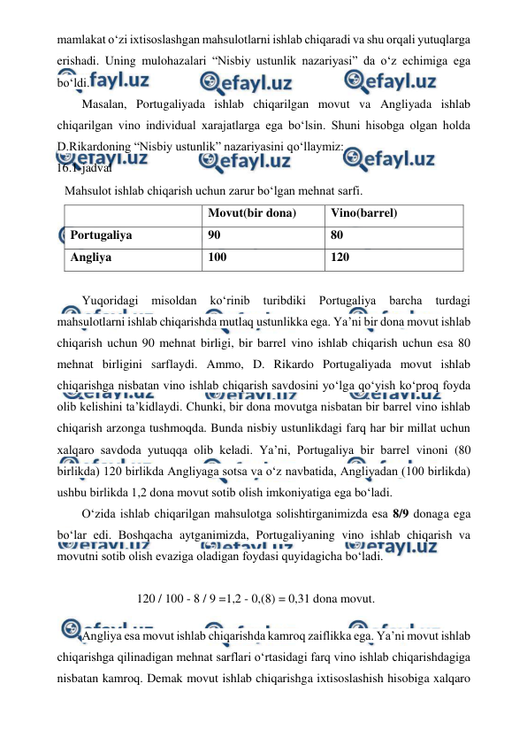  
 
mamlakat o‘zi ixtisoslashgan mahsulotlarni ishlab chiqaradi va shu orqali yutuqlarga 
erishadi. Uning mulohazalari “Nisbiy ustunlik nazariyasi” da o‘z echimiga ega 
bo‘ldi. 
Masalan, Portugaliyada ishlab chiqarilgan movut va Angliyada ishlab 
chiqarilgan vino individual xarajatlarga ega bo‘lsin. Shuni hisobga olgan holda 
D.Rikardoning “Nisbiy ustunlik” nazariyasini qo‘llaymiz: 
16.1-jadval 
 
Yuqoridagi 
misoldan 
ko‘rinib 
turibdiki 
Portugaliya 
barcha 
turdagi 
mahsulotlarni ishlab chiqarishda mutlaq ustunlikka ega. Ya’ni bir dona movut ishlab 
chiqarish uchun 90 mehnat birligi, bir barrel vino ishlab chiqarish uchun esa 80 
mehnat birligini sarflaydi. Ammo, D. Rikardo Portugaliyada movut ishlab 
chiqarishga nisbatan vino ishlab chiqarish savdosini yo‘lga qo‘yish ko‘proq foyda 
olib kelishini ta’kidlaydi. Chunki, bir dona movutga nisbatan bir barrel vino ishlab 
chiqarish arzonga tushmoqda. Bunda nisbiy ustunlikdagi farq har bir millat uchun 
xalqaro savdoda yutuqqa olib keladi. Ya’ni, Portugaliya bir barrel vinoni (80 
birlikda) 120 birlikda Angliyaga sotsa va o‘z navbatida, Angliyadan (100 birlikda) 
ushbu birlikda 1,2 dona movut sotib olish imkoniyatiga ega bo‘ladi. 
O‘zida ishlab chiqarilgan mahsulotga solishtirganimizda esa 8/9 donaga ega 
bo‘lar edi. Boshqacha aytganimizda, Portugaliyaning vino ishlab chiqarish va 
movutni sotib olish evaziga oladigan foydasi quyidagicha bo‘ladi. 
120 / 100 - 8 / 9 =1,2 - 0,(8) = 0,31 dona movut. 
Angliya esa movut ishlab chiqarishda kamroq zaiflikka ega. Ya’ni movut ishlab 
chiqarishga qilinadigan mehnat sarflari o‘rtasidagi farq vino ishlab chiqarishdagiga 
nisbatan kamroq. Demak movut ishlab chiqarishga ixtisoslashish hisobiga xalqaro 
Mahsulot ishlab chiqarish uchun zarur bo‘lgan mehnat sarfi. 
 
Movut(bir dona) 
Vino(barrel) 
Portugaliya 
90 
80 
Angliya 
100 
120 
