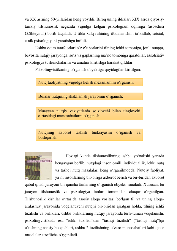 va XX asrning 50-yillaridan keng yoyildi. Biroq uning ildizlari XIX asrda qiyosiy-
tarixiy tilshunoslik negizida vujudga kelgan psixologizm oqimiga (asoschisi 
G.Shteyntal) borib taqaladi. U tilda xalq ruhining ifodalanishini ta’kidlab, sotsial, 
etnik psixologiyani yaratishga intildi.  
Ushbu oqim tarafdorlari o‘z e’tiborlarini tilning ichki tomoniga, jonli nutqqa, 
bevosita nutqiy jarayonga, so‘z va gaplarning ma’no tomoniga qaratdilar, assotsiativ 
psixologiya tushunchalarini va amalini kiritishga harakat qildilar.  
Psixolingvistikaning o‘rganish obyektiga quyidagilar kiritilgan: 
 
 
 
 
 
 
 
 
 
 
 
Hozirgi kunda tilshunoslikning ushbu yo‘nalishi yanada 
kengaygan bo‘lib, nutqdagi inson omili, individuallik, ichki nutq 
va tashqi nutq masalalari keng o‘rganilmoqda. Nutqiy faoliyat, 
ya’ni insonlarning bir-biriga axborot berish va bir-biridan axborot 
qabul qilish jarayoni bir qancha fanlarning o‘rganish obyekti sanaladi. Xususan, bu 
jarayon tilshunoslik va psixologiya fanlari tomonidan chuqur o‘rganilgan. 
Tilshunoslik kishilar o‘rtasida asosiy aloqa vositasi bo‘lgan til va uning aloqa-
aralashuv jarayonida voqelanuvchi nutqni bir-biridan ajratgan holda, tilning ichki 
tuzilishi va birliklari, ushbu birliklarning nutqiy jarayonda turli-tuman voqelanishi, 
psixolingvistikada esa “ichki tuzilish”dan “tashqi tuzilish” (“tashqi nutq”)qa 
o‘tishning asosiy bosqichlari, ushbu 2 tuzilishning o‘zaro munosabatlari kabi qator 
masalalar atroflicha o‘rganiladi. 
 
Nutq faoliyatning vujudga kelish mexanizmini o‘rganish; 
Muayyan nutqiy vaziyatlarda so‘zlovchi bilan tinglovchi 
o‘rtasidagi munosabatlarni o‘rganish; 
Bolalar nutqining shakllanish jarayonini o‘rganish; 
Nutqning 
axborot 
tashish 
funksiyasini 
o‘rganish 
va 
boshqarish. 
