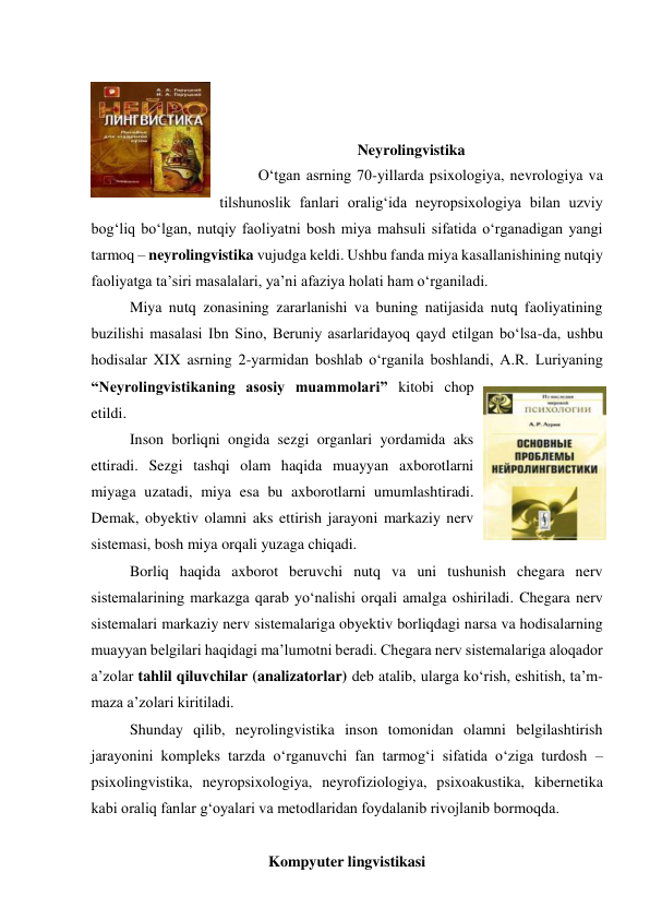  
 
 
Neyrolingvistika 
O‘tgan asrning 70-yillarda psixologiya, nevrologiya va 
tilshunoslik fanlari oralig‘ida neyropsixologiya bilan uzviy 
bog‘liq bo‘lgan, nutqiy faoliyatni bosh miya mahsuli sifatida o‘rganadigan yangi 
tarmoq – neyrolingvistika vujudga keldi. Ushbu fanda miya kasallanishining nutqiy 
faoliyatga ta’siri masalalari, ya’ni afaziya holati ham o‘rganiladi.  
Miya nutq zonasining zararlanishi va buning natijasida nutq faoliyatining 
buzilishi masalasi Ibn Sino, Beruniy asarlaridayoq qayd etilgan bo‘lsa-da, ushbu 
hodisalar XIX asrning 2-yarmidan boshlab o‘rganila boshlandi, A.R. Luriyaning 
“Neyrolingvistikaning asosiy muammolari” kitobi chop 
etildi.  
Inson borliqni ongida sezgi organlari yordamida aks 
ettiradi. Sezgi tashqi olam haqida muayyan axborotlarni 
miyaga uzatadi, miya esa bu axborotlarni umumlashtiradi. 
Demak, obyektiv olamni aks ettirish jarayoni markaziy nerv 
sistemasi, bosh miya orqali yuzaga chiqadi.  
Borliq haqida axborot beruvchi nutq va uni tushunish chegara nerv 
sistemalarining markazga qarab yo‘nalishi orqali amalga oshiriladi. Chegara nerv 
sistemalari markaziy nerv sistemalariga obyektiv borliqdagi narsa va hodisalarning 
muayyan belgilari haqidagi ma’lumotni beradi. Chegara nerv sistemalariga aloqador 
a’zolar tahlil qiluvchilar (analizatorlar) deb atalib, ularga ko‘rish, eshitish, ta’m-
maza a’zolari kiritiladi.  
Shunday qilib, neyrolingvistika inson tomonidan olamni belgilashtirish 
jarayonini kompleks tarzda o‘rganuvchi fan tarmog‘i sifatida o‘ziga turdosh – 
psixolingvistika, neyropsixologiya, neyrofiziologiya, psixoakustika, kibernetika 
kabi oraliq fanlar g‘oyalari va metodlaridan foydalanib rivojlanib bormoqda.  
 
Kompyuter lingvistikasi 
