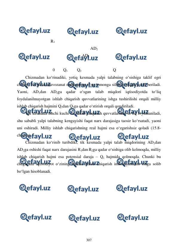  
 
307 
 
 
 
                      R1 
                                                            AD2 
                                                    AD1 
                                       
                        0        Q1              Q2                                               Q 
Chizmadan ko‘rinadiki, yotiq kesmada yalpi talabning o‘sishiga taklif egri 
chizig‘i bo‘yicha muvozanat nuqtasining o‘ng tomonga silijishi orqali javob beriladi. 
Yaoni, 
AD1dan 
AD2ga qadar o‘sgan 
talab 
miqdori iqtisodiyotda 
to‘liq 
foydalanilmayotgan ishlab chiqarish quvvatlarining ishga tushirilishi orqali milliy 
ishlab chiqarish hajmini Q1dan Q2ga qadar o‘stirish orqali qondiriladi.  
Tik kesmada ishchi kuchi va ishlab chiqarish quvvatlaridan to‘liq foydalaniladi, 
shu sababli yalpi talabning kengayishi faqat narx darajasiga taosir ko‘rsatadi, yaoni 
uni oshiradi. Milliy ishlab chiqarishning real hajmi esa o‘zgarishsiz qoladi (15.8-
chizma).  
Chizmadan ko‘rinib turibdiki, tik kesmada yalpi talab miqdorining AD1dan 
AD2ga oshishi faqat narx darajasini R1dan R2ga qadar o‘sishiga olib kelmoqda, milliy 
ishlab chiqarish hajmi esa potensial daraja – Qs hajmida qolmoqda. Chunki bu 
chegarada iqtisodiyot o‘zining barcha ishlab chiqarish imkoniyatlarini ishga solib 
bo‘lgan hisoblanadi. 
 
